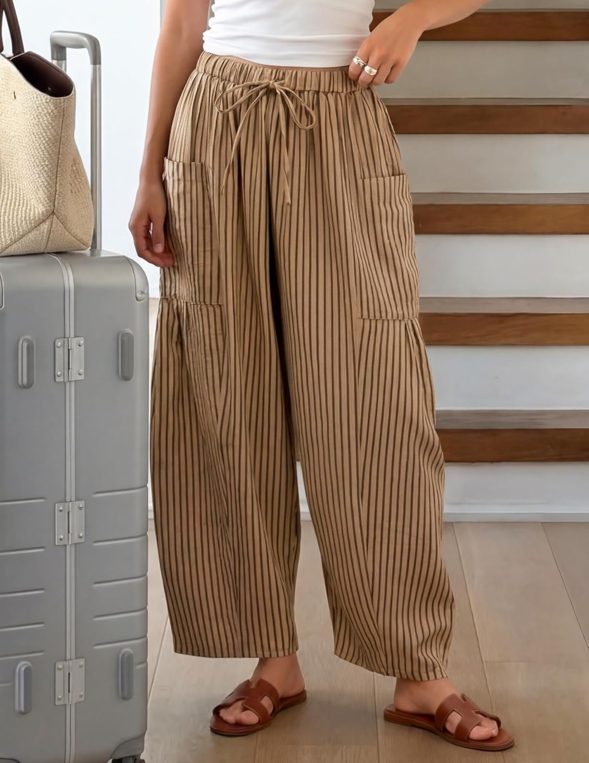 ZESICA Women’s Striped Wide Leg Palazzo Harem Pant 2026 Summer Drawstring Baggy Lounge Beach Travel Trouser with Pocket