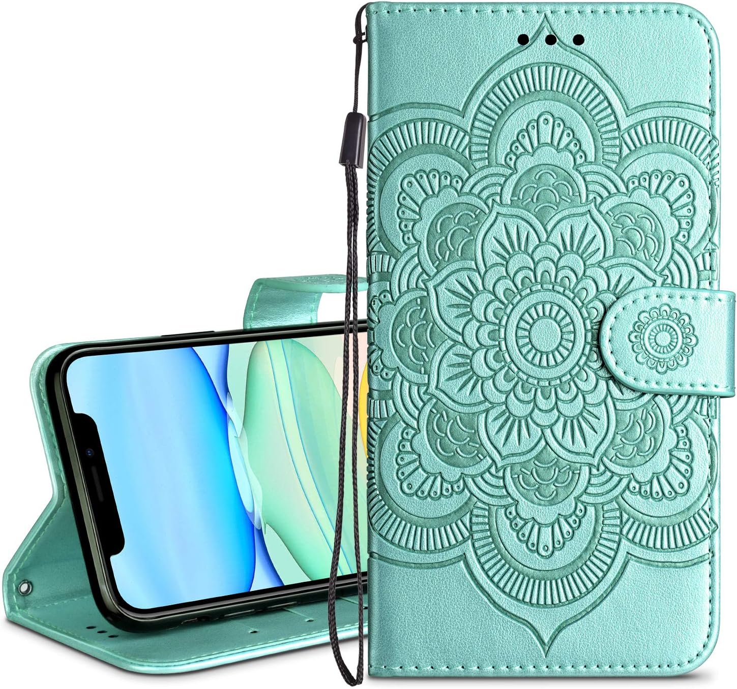 HianDier Wallet Case for iPhone 11 Card Holder Case Kickstand Flip Cover Embossed Mandala Flower Lanyard Protective Soft PU Leather Cover Case for 2019 Release iPhone 11 iPhone XI, Green