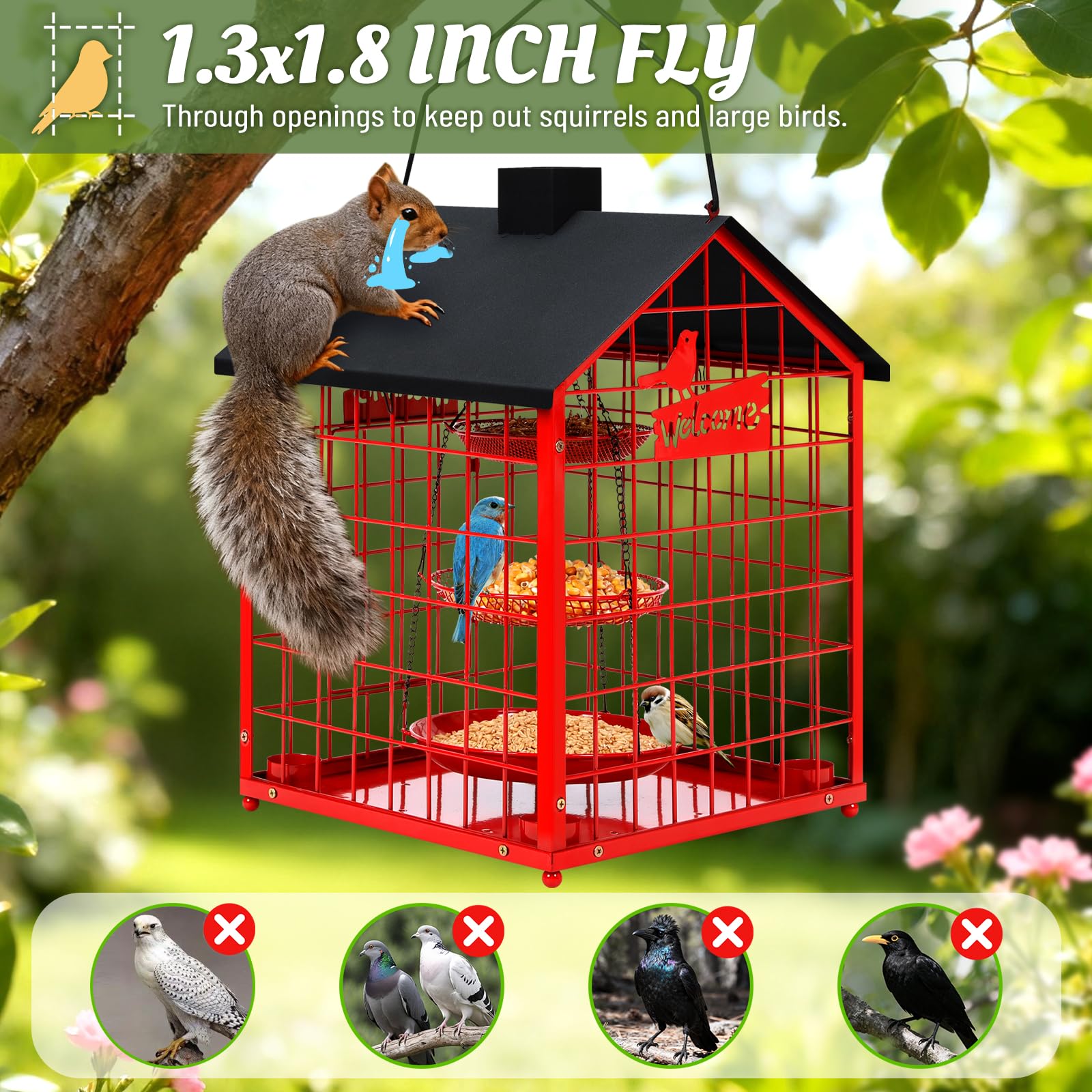 Mangeoires à oiseaux pour l'extérieur, mangeoire à oiseaux bleus en métal, énorme mangeoire à oiseaux en cage résistante aux écureuils avec 4 tasses, mangeoires à oiseaux sauvages à suspendre à
