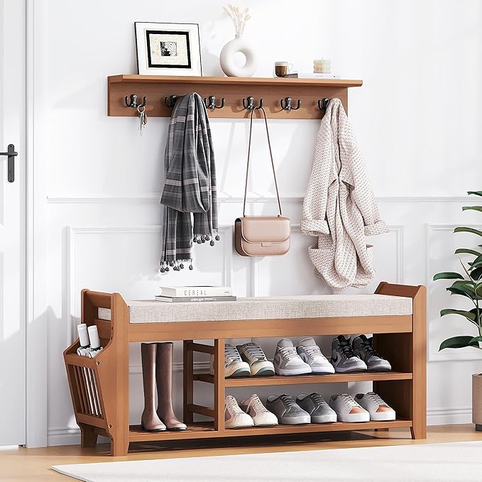 PETKABOO Shoe Bench with Hidden Drawer and Side Holder, 2 Tier Entryway Bench with Storage 39.4 in, Bamboo Shoe Rack with Cushion for Entryway Hallway Living Room Bedroom