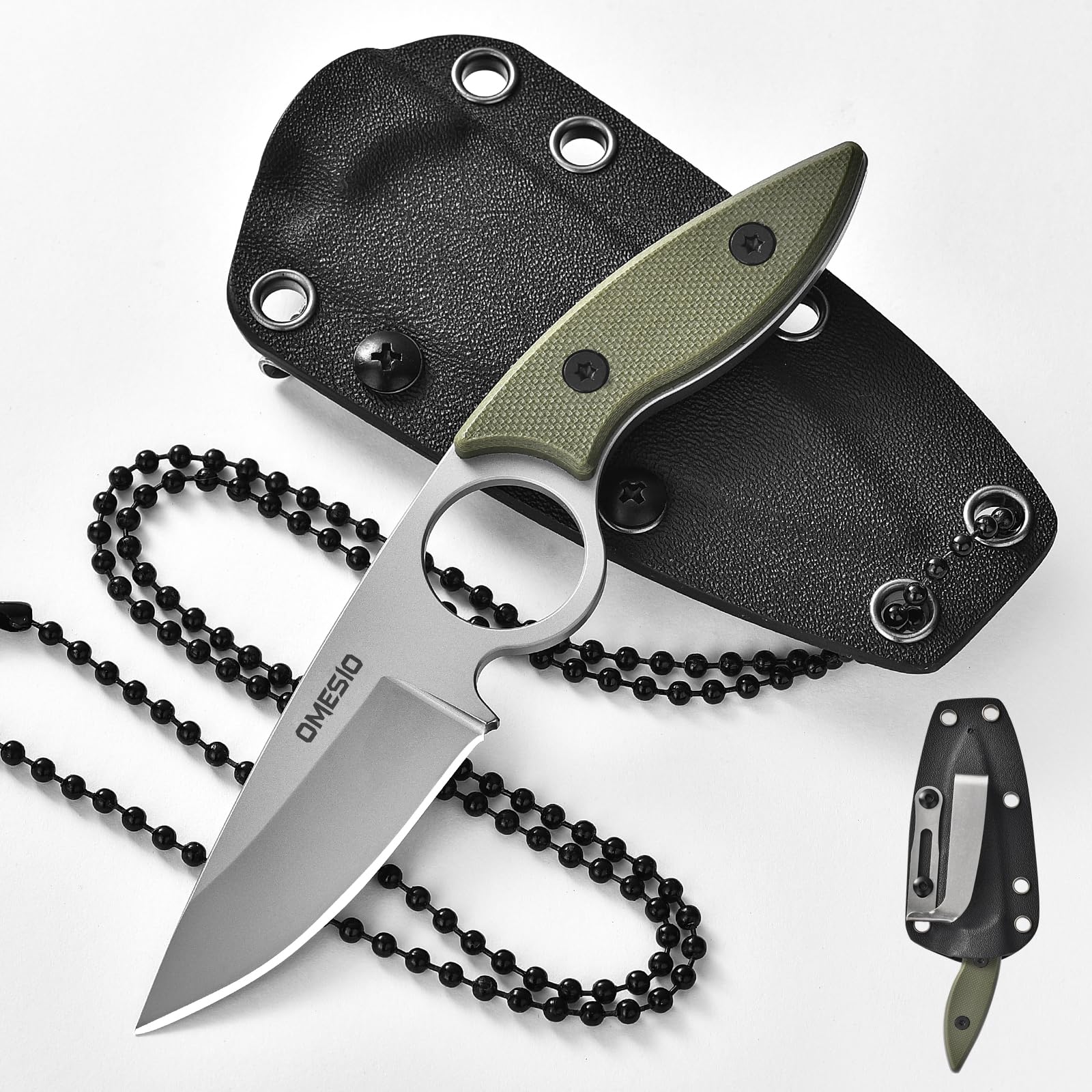 Omesio Neck Knife with Sheath and Necklace, 3.54" 5Cr13MoV Steel Small Compact EDC Fixed Blade Knife, G10 Handle Horizontal Carry Full Tang Tactical Hiking with Kydex Sheath Gift Box for Men