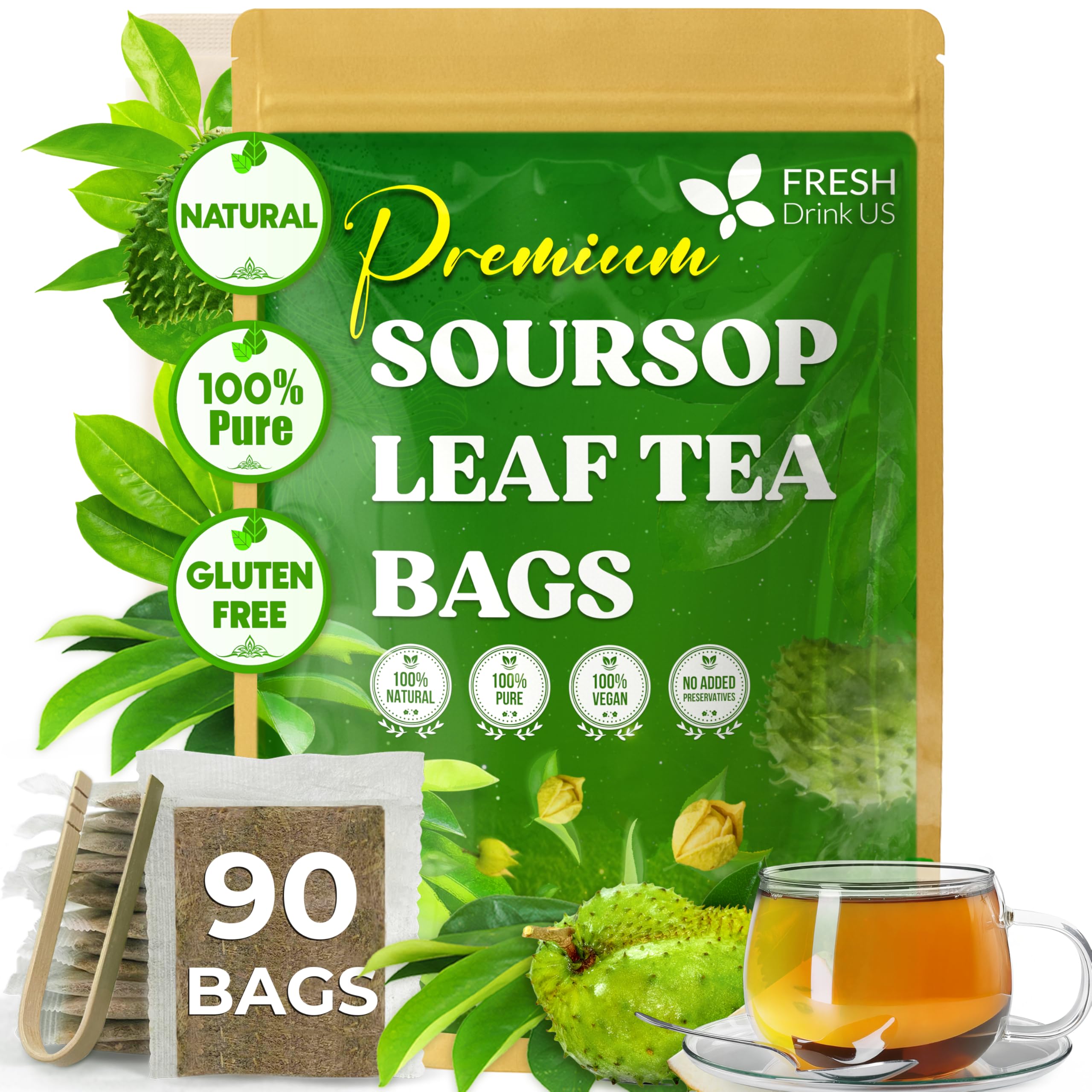 FreshDrinkUS, Premium 90 Soursop Graviola Leaf Tea Bags, 100% Natural and Pure from Soursop Leaves, Handmade, Made With Natural Materials-Corn Fiber Tea Bag, Sugar/ Caffeine/ Gluten Free, Hoja Guanabana Tea