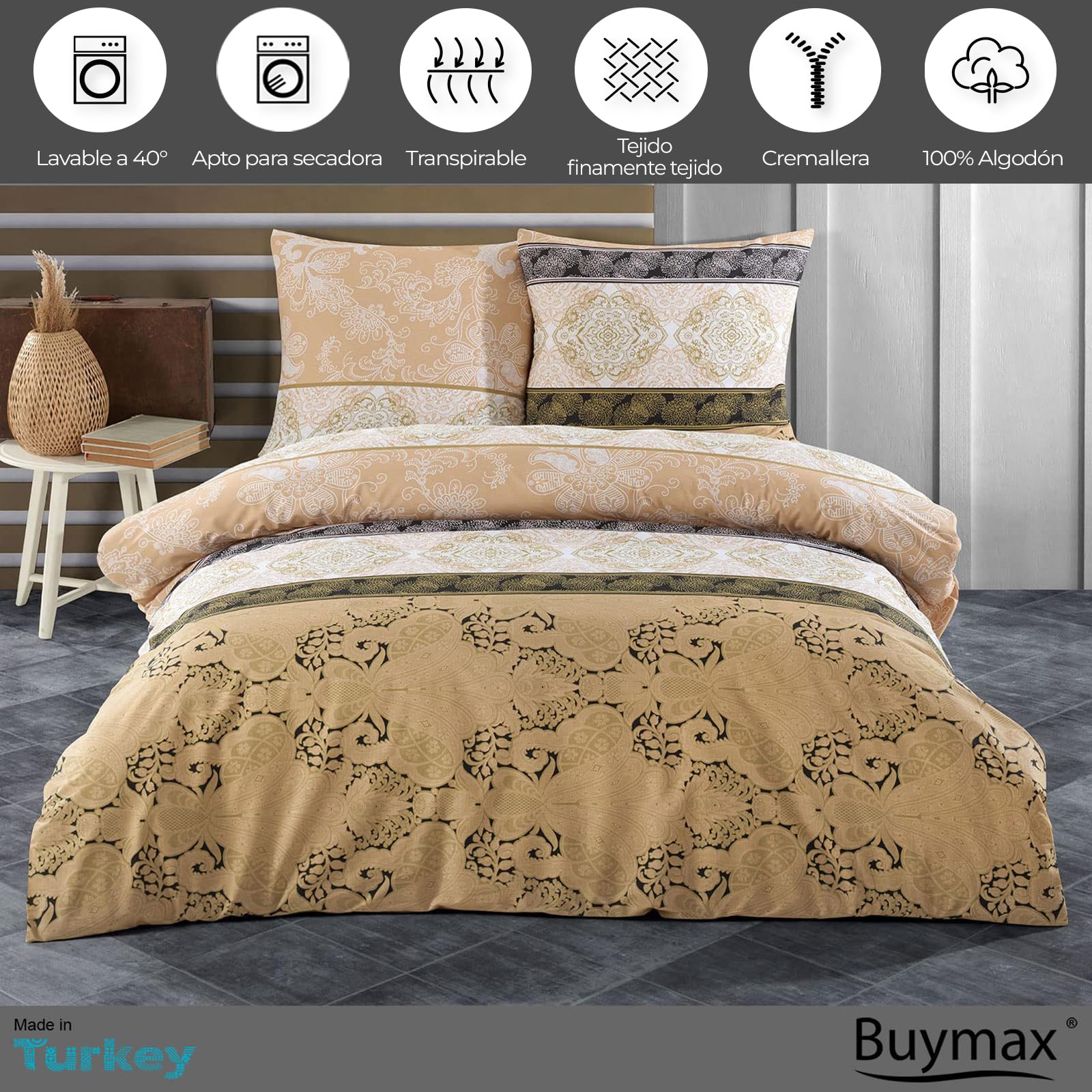 Buymax Ropa de cama edredón de cama – Juego 2 – 3 piezas de cama (con cremallera de algodón 100% Oeko-Tex ®, 100 % algodón, 9, 200 x 220 cm