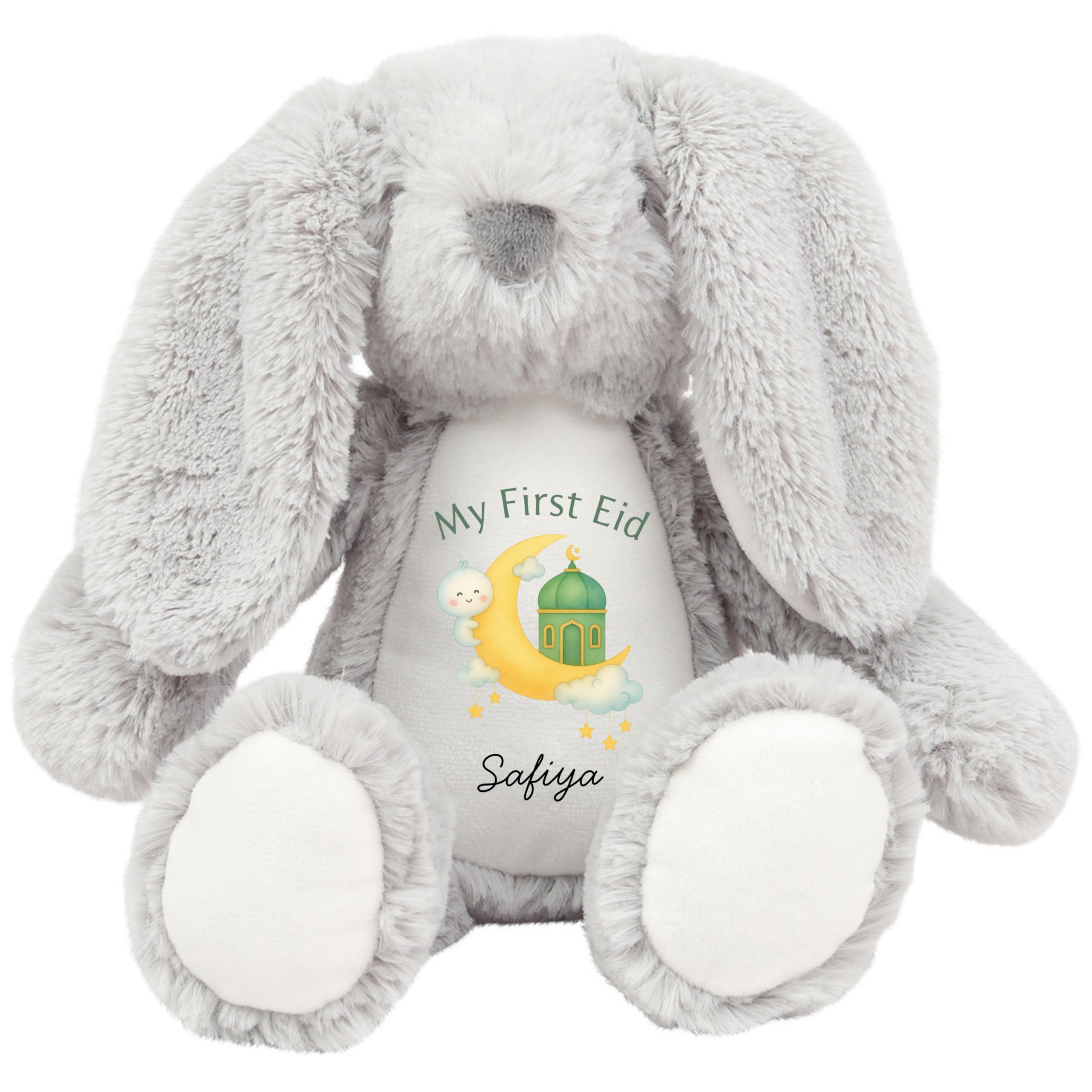 HotScamp Eid Gift Cuddly Toy - Personalised My First Eid Mubarak Babies Newborn 1st Customised Teddy Kids Plush Named Ramadan My First Muslim Islamic Baby Child Soft Plushie - Grey Bunny