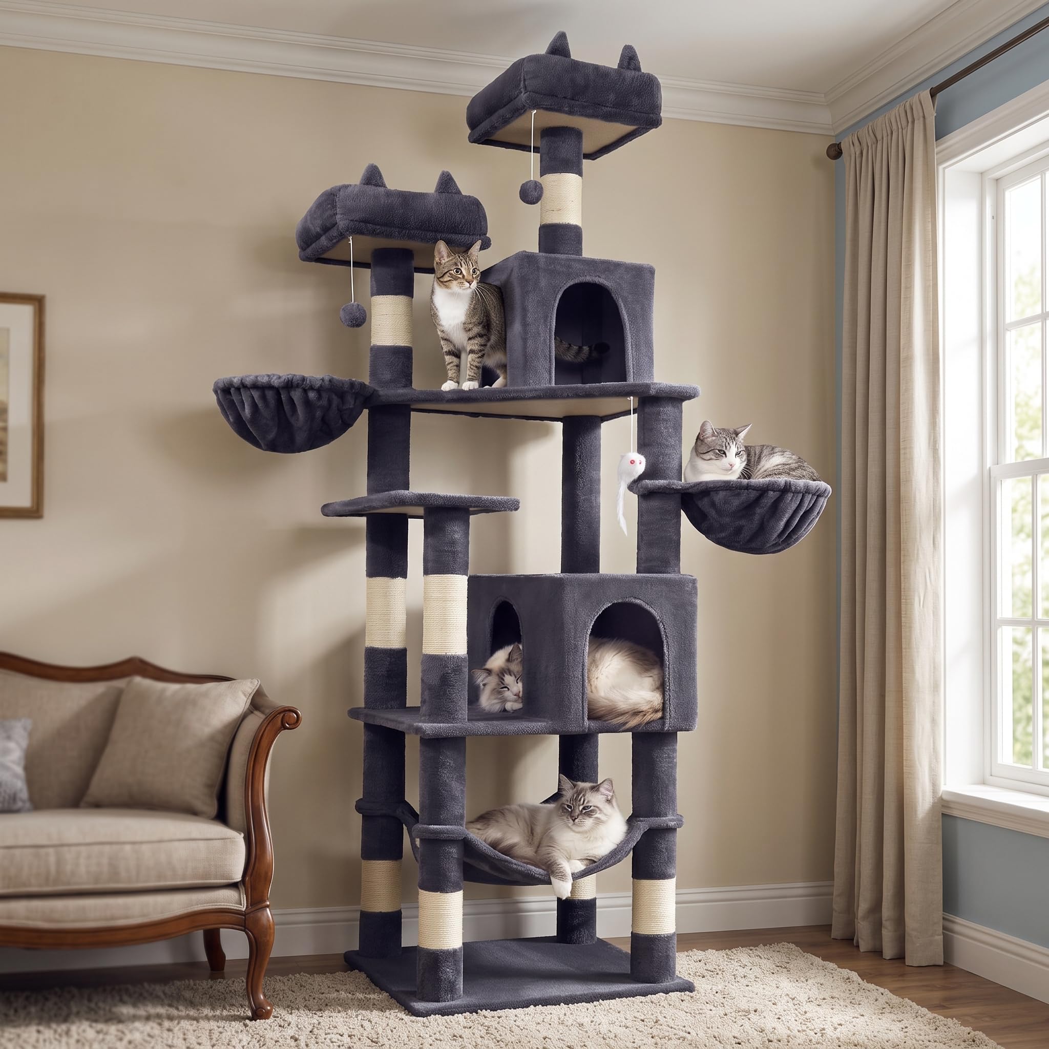 LIKISAK Cat Tree, 180cm Large Cat Tower for Big Cats, Multi-Level Cat Tree Tower for Indoor Cats with 8 Sisal Scratching Posts, 2 Cozy Condos, 2 Hanging Baskets, Cozy Hammock, 3 Top Perches,Dark Grey