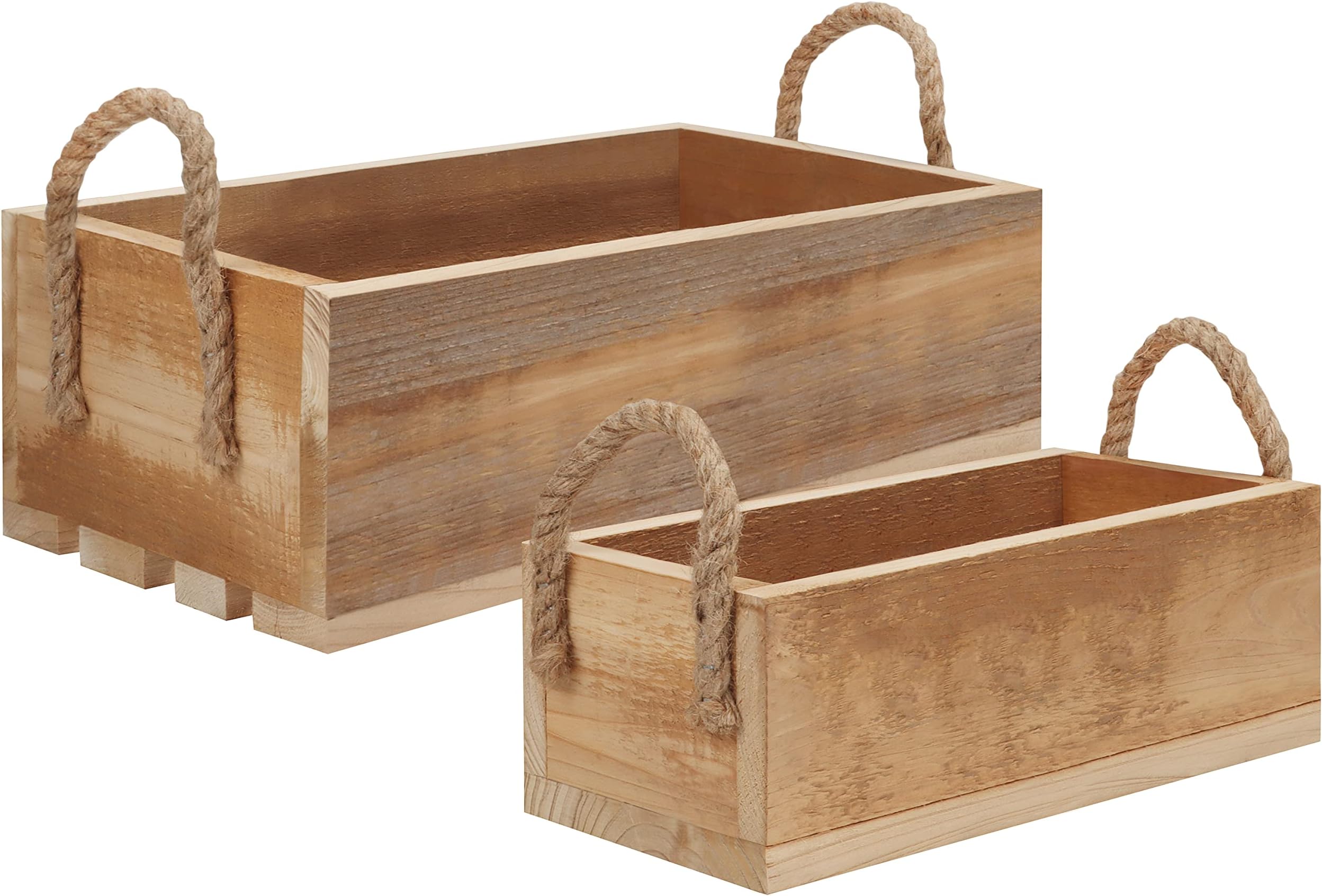 BELLE VOUS Wooden Storage Crates with Rope Handles (2 Pack) - Open Top Nesting Pallet Boxes for Storage - For Use in Homes, Bedrooms, Kitchen, Bathrooms to Organise Books, Toys, Clothes & Towels