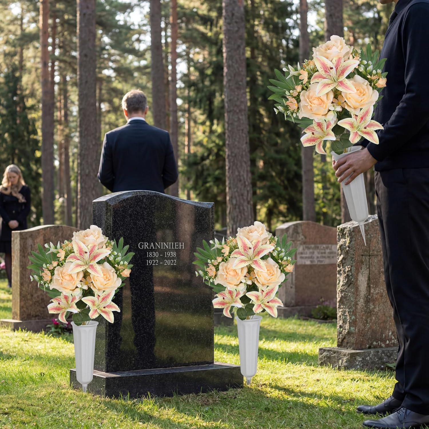 2Sets Artificial Cemetery Flowers with Cemetery Vase Artificial Rose Lily Memorial Graveyard Bouquets for Memorial Day Cemetery Headstones Outdoor Grave Decorations(Champagne)