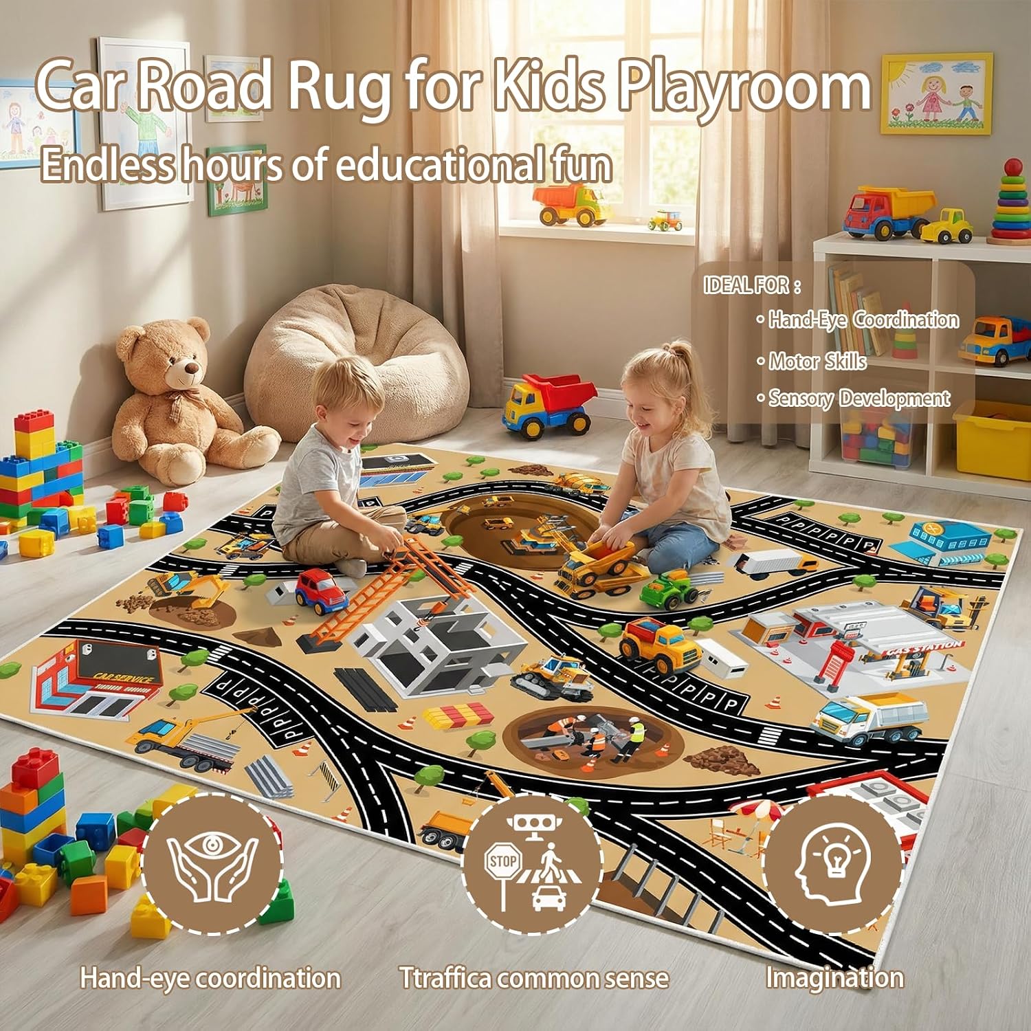 5x7 Ft Construction Site Car Rug Play Mat, Faux Wool Kids Rugs Engineering Car Playmat for Children, Non Slip City Road Trucks Rug Washable Carpet for Boy Playroom Bedroom