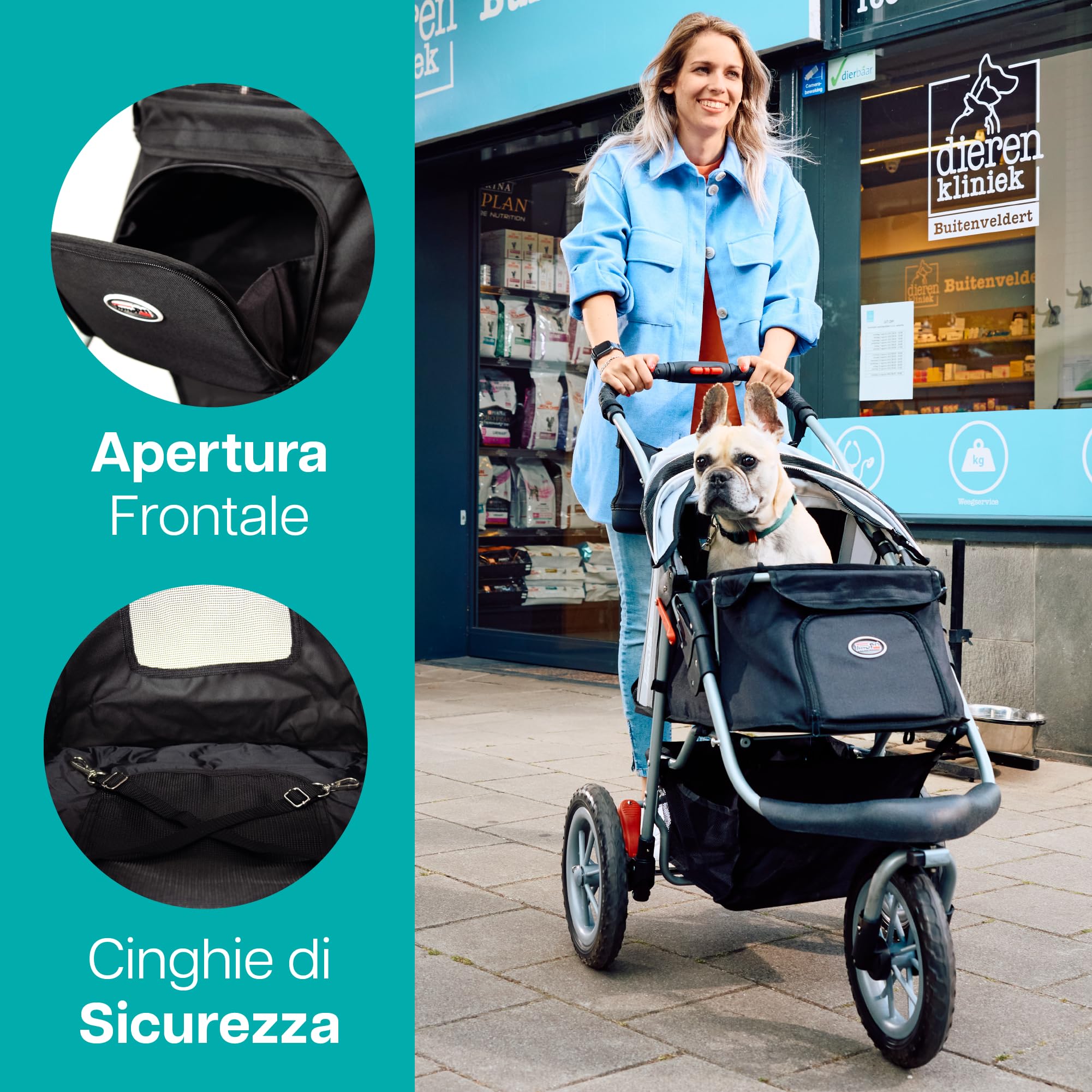 Innopet Comfort Efa Eco Nero/Argento - Passeggino per cani e gatti pieghevole con una sola mano, ruote antiforatura, capacità di 25 kg - Cestello portaoggetti e design a 3 ruote facile da installare