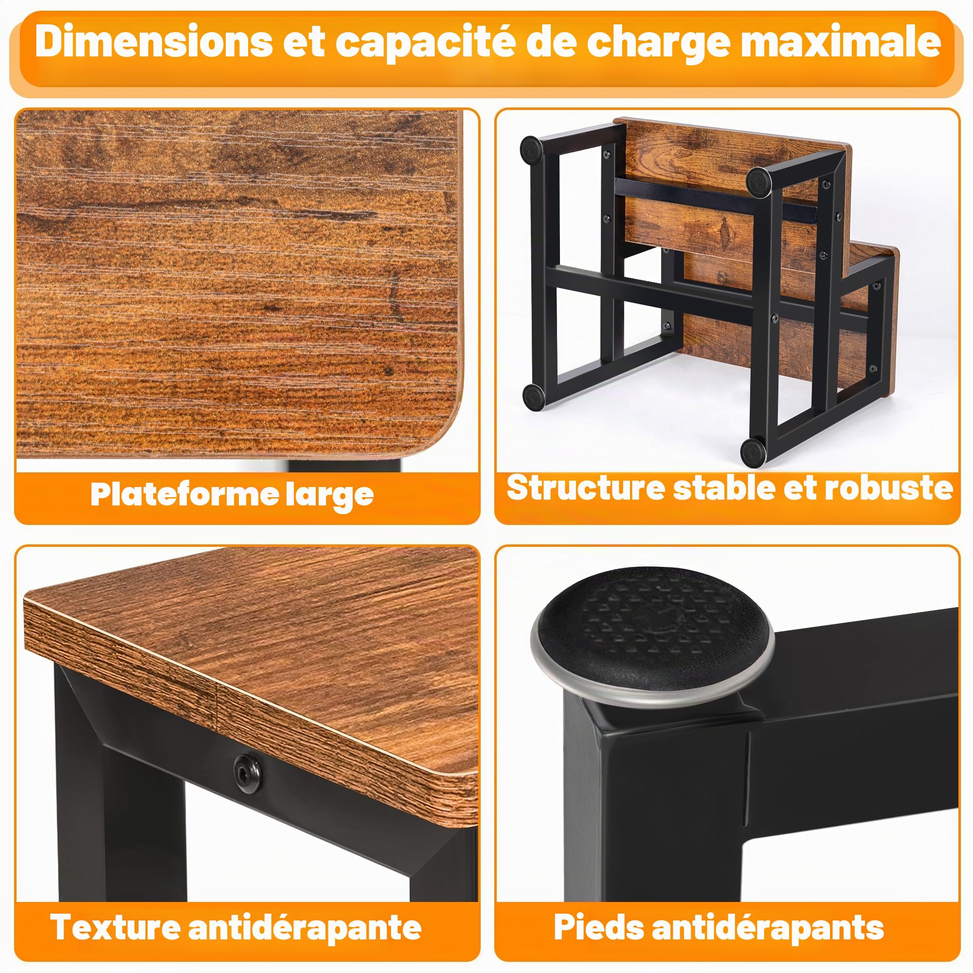 Marchepied pour enfant 2 marches cadre en métal lourd repose-pieds en bois stable 100 kg