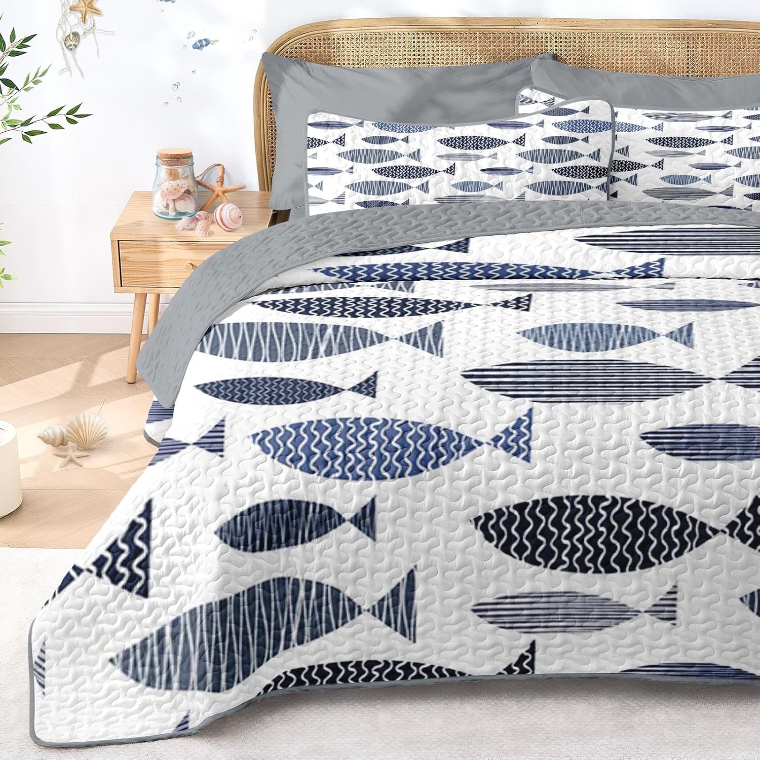 Quilt Set Full/Queen Size, Coastal Fish Ocean 3 Pcs Soft Bed Cover Bedding Set, Nautical Lake House Lightweight Bedspread Coverlet with 2 Pillow Sham for All Season - Image 8