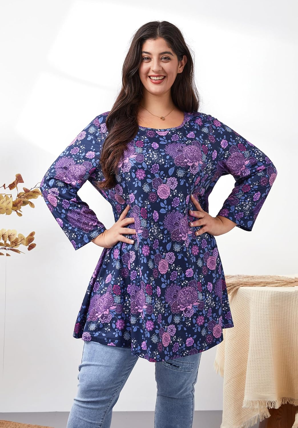 Plus Size Tunic Tops for Women 3/4 Sleeve Loose Fit Swing Tunics Dressy Casual Floral Top to Wear with Leggings - Image 5