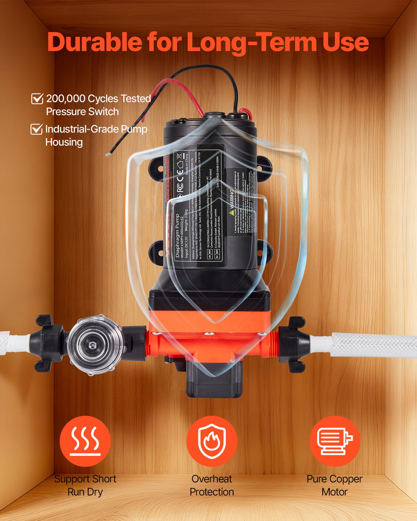 VEVOR Pompe à Eau à Membrane Auto-amorçante 12 V CC 18,9 L/min Pression 4,8 bar 4 Chambres, avec Pressostat, Pompe à Eau pour Camping-car, Lavage de Voitures, Bateaux, Irrigation Agricole, Jardin