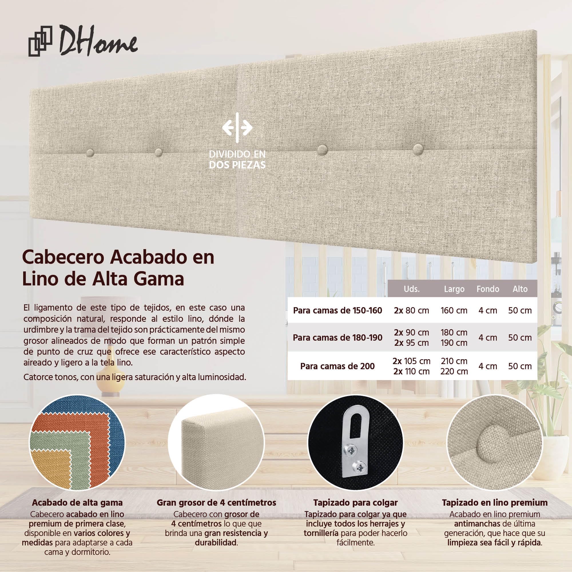 DHOME Hoofdeinde van natuurlijk linnen, dubbel, met knopen, verdeeld in 2 delen, gevoerd hoofdeinde voor bed, slaapkamer, modern, top trending (aarinnen, 180 cm Dual (180/190