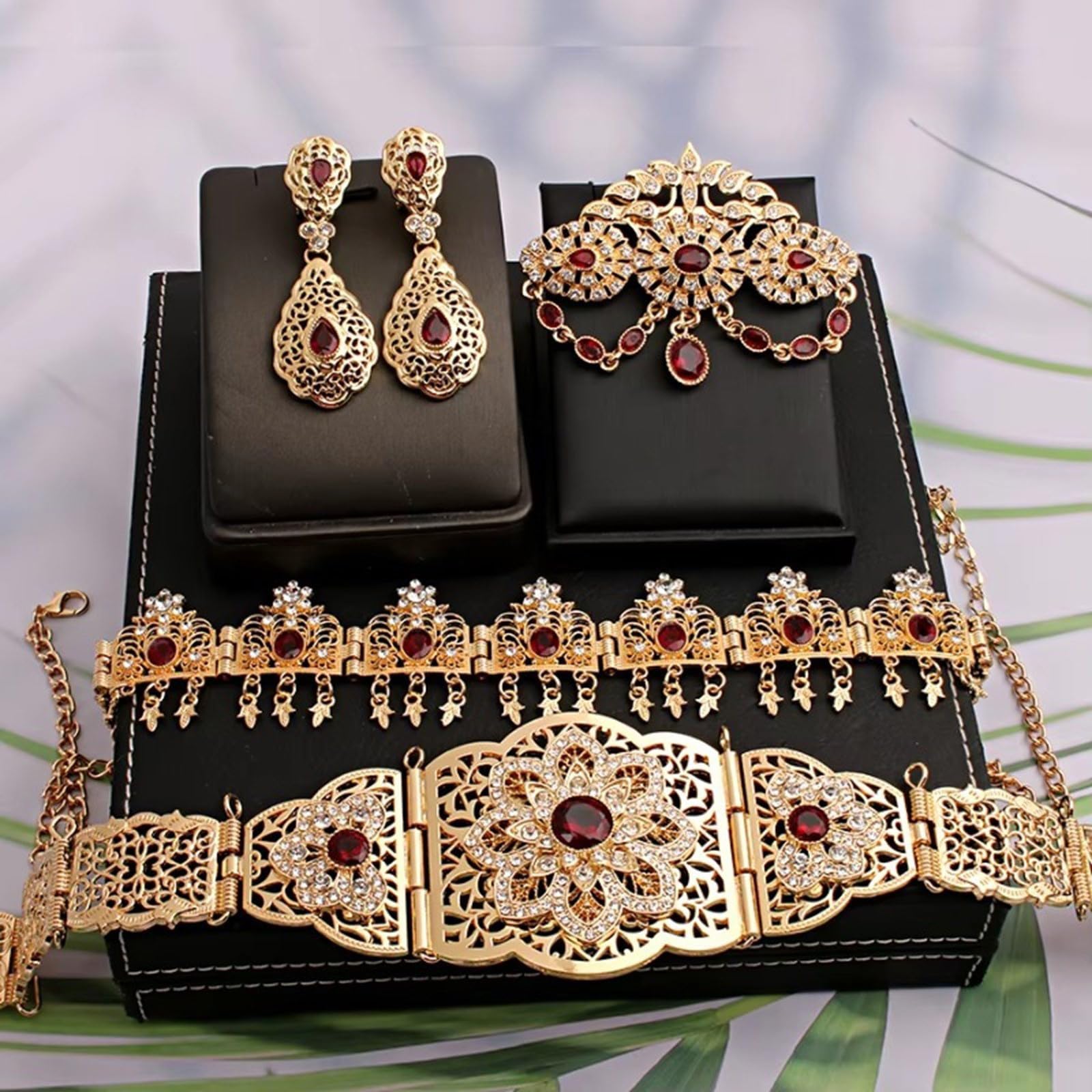 Conjunto de joyería nupcial marroquí Color chapado en oro para vestido de novia que incluye aretes con broche de cinturón en estilos árabes Conjunto de joyería de boda