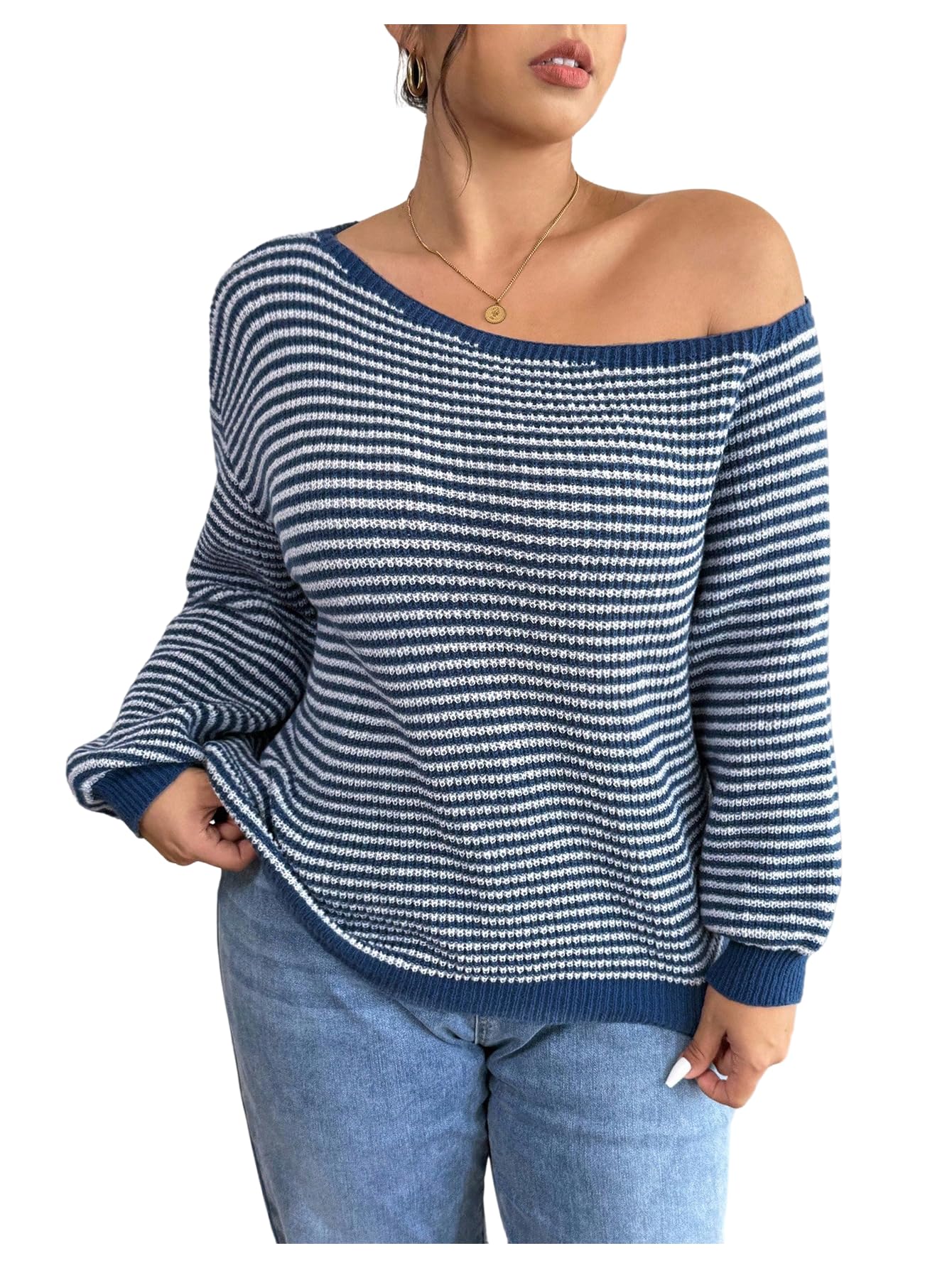 Verdusa Womens Plus Size Striped Off The Shoulder Sweater Long Sleeve Asymmetrical Loose Pullovers