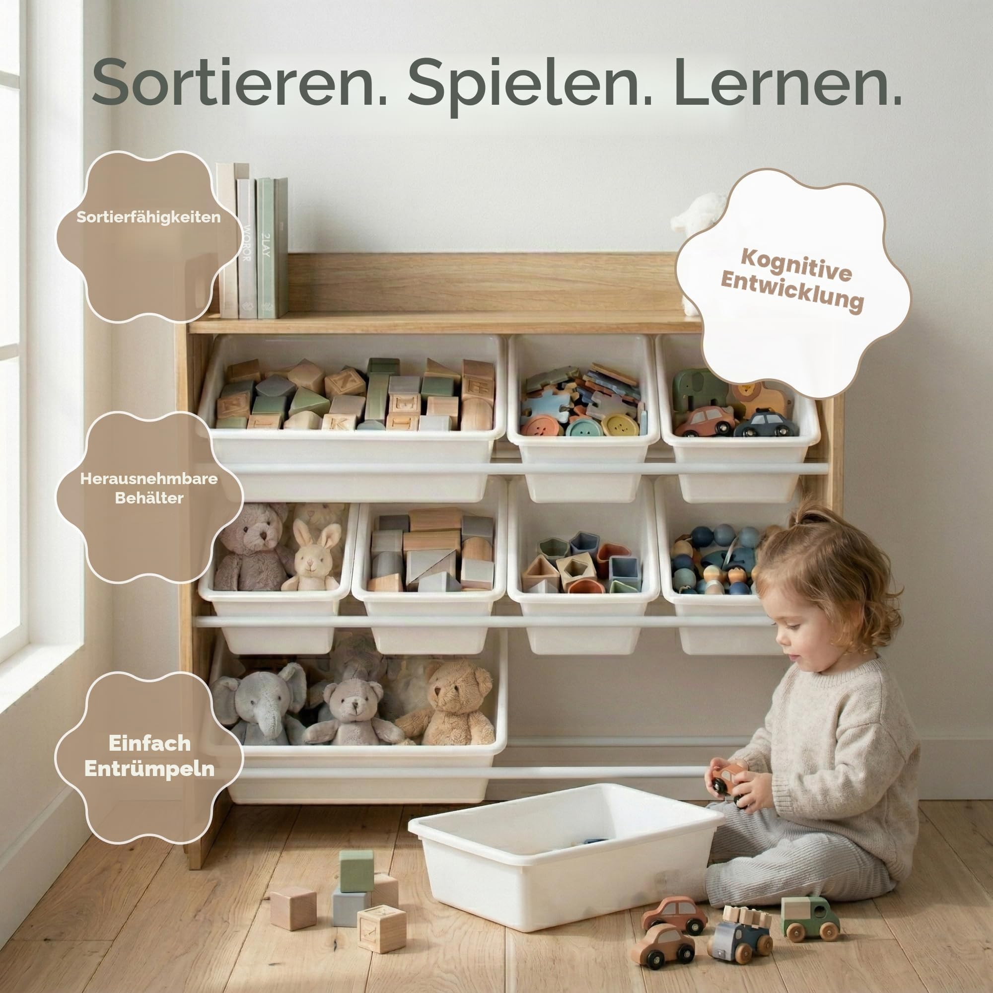 Humble Crew Kinderregal – Spielzeugregal mit 9 Aufbewahrungsboxen, Aufbewahrungsregal für Kinderzimmer, Natur/Weiß