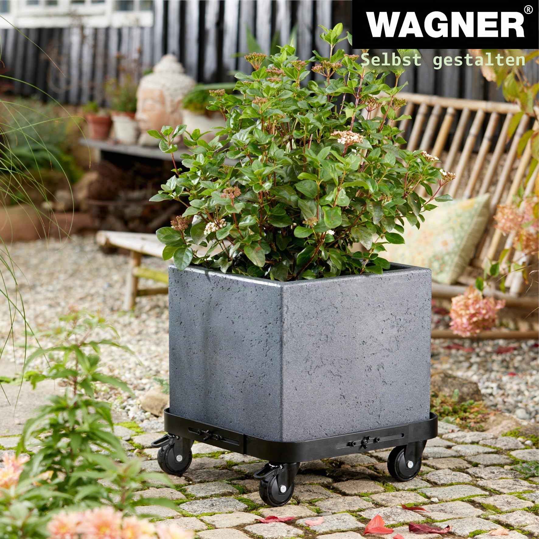 WAGNER Pflanzenroller Sun City Exclusive 40-54 x 13 cm Nutzfläche, stufenlos ausziehbar, Blumenroller für Außenbereich + Innenbereich, Kübelroller Stahl, Tragkraft 200 kg - 20081601