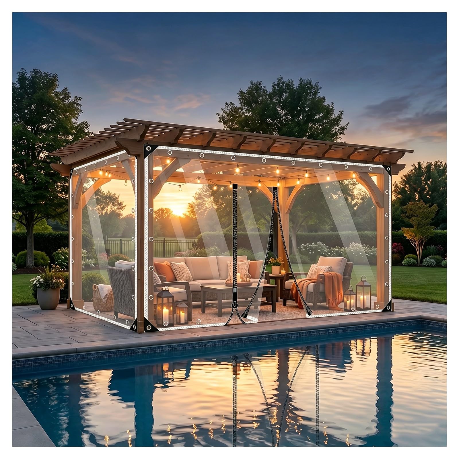 With Zipper Clear Waterproof Tarp ，clear tarps with grommets，Outdoor PVC Tarpaulin Curtains，Vinyl Clear Tarp Curtains ，tarpaulin waterproof heavy duty(H2.9xW3.5m/H9.5xW11.4ft)