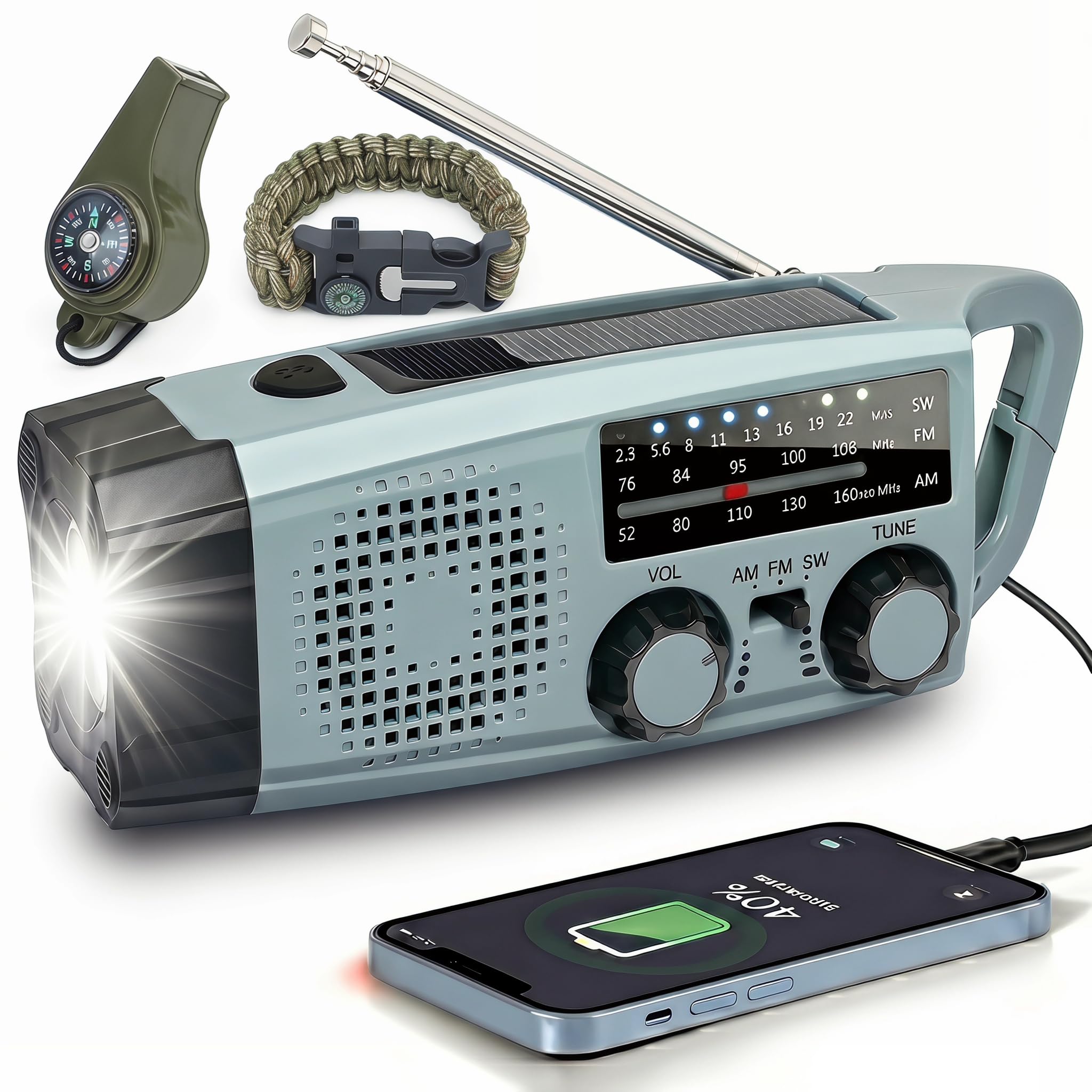 Survival Radio con Powerbank 2000mAh, Radio a Manovella e Solare, Radio AM/FM con Allarme SOS e Torcia, per Blackout, Sopravvivenza Outdoor, Campeggio, Auto, Colore: Grigio-Blu
