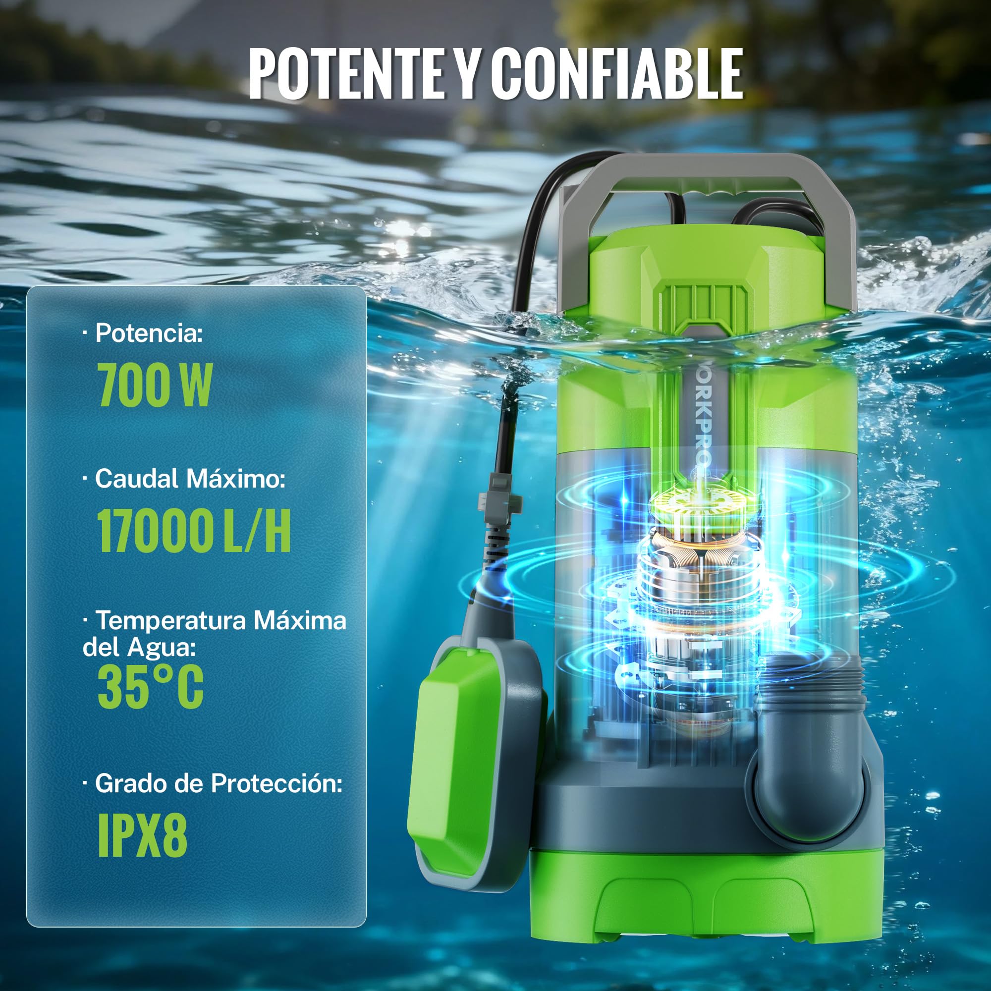 WORKPRO Bomba Sumergible Aguas Sucias 700 W Caudal 17000 L/h Profundidad 7 m Drenaje