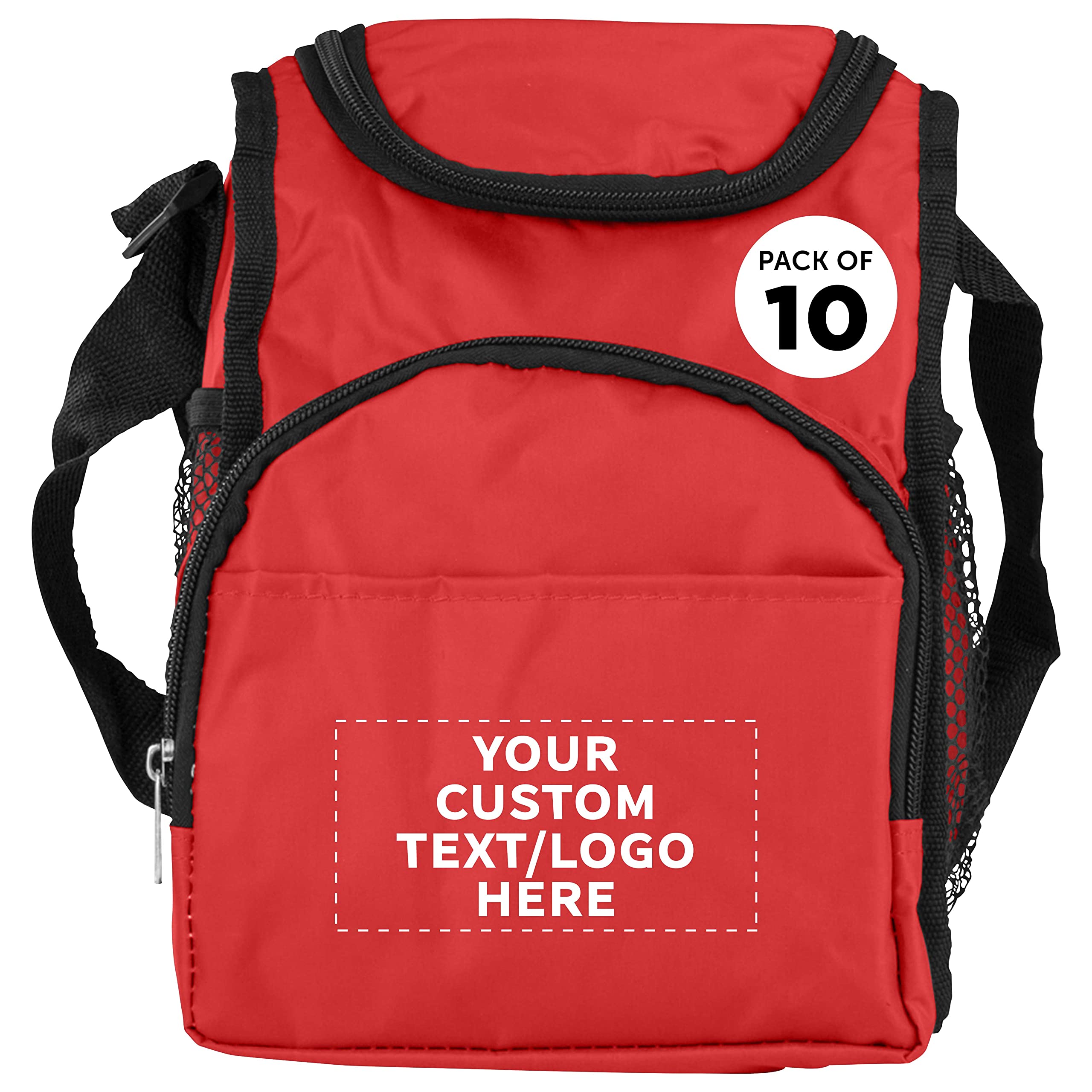 DISCOUNT PROMOS Custom Multipurpose Zippered Lunch Bags Set of 10, Personalized Bulk Pack - Meal Holder, Perfect for Work, Camping and Other Outdoor Events - Red