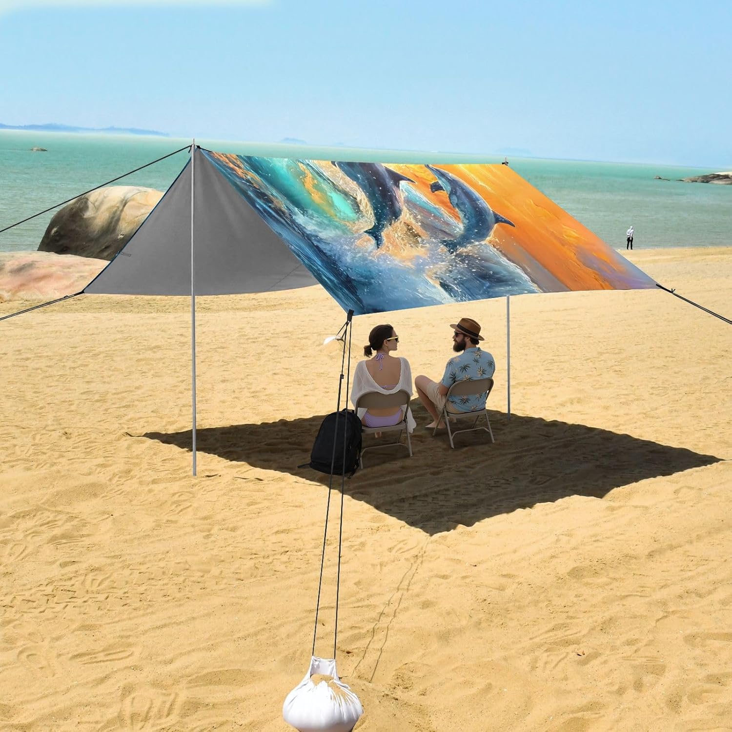 ALAZA Dolphins Surfing Beach Tent Sun Shelter UPF50+ Protection Beach Shade Canopy w/ 4 Sandbags for Outdoor Camping, Fishing, Backyard Fun, Picnic, 10x9 ft