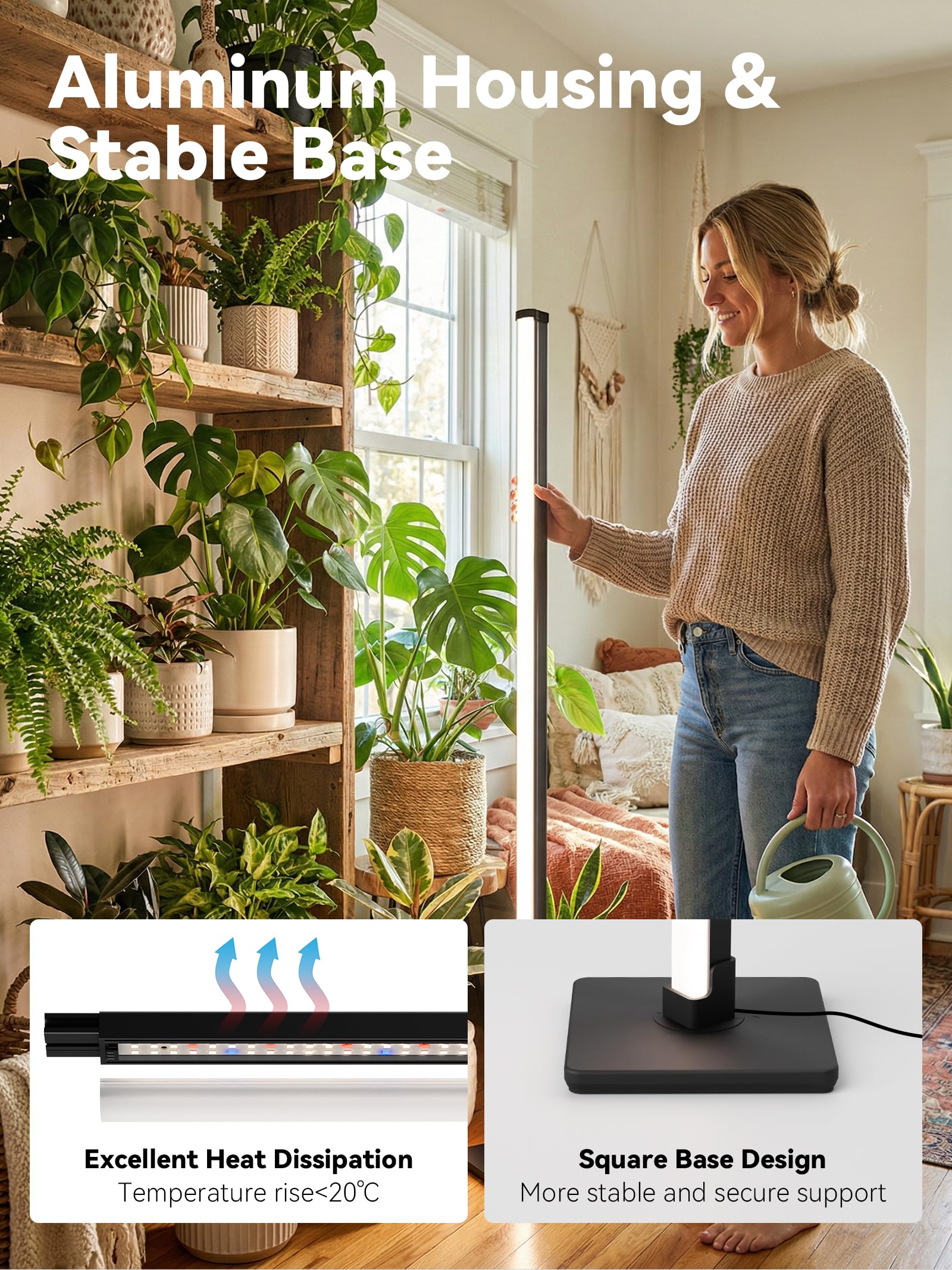 GLOWRIUM - Lampe de culture sur pied pour plantes d'intérieur, lumière verticale à spectre complet de 60 pouces, 3 modes d'éclairage, minuterie automatique, réglable à 6 niveaux, adaptée pour la