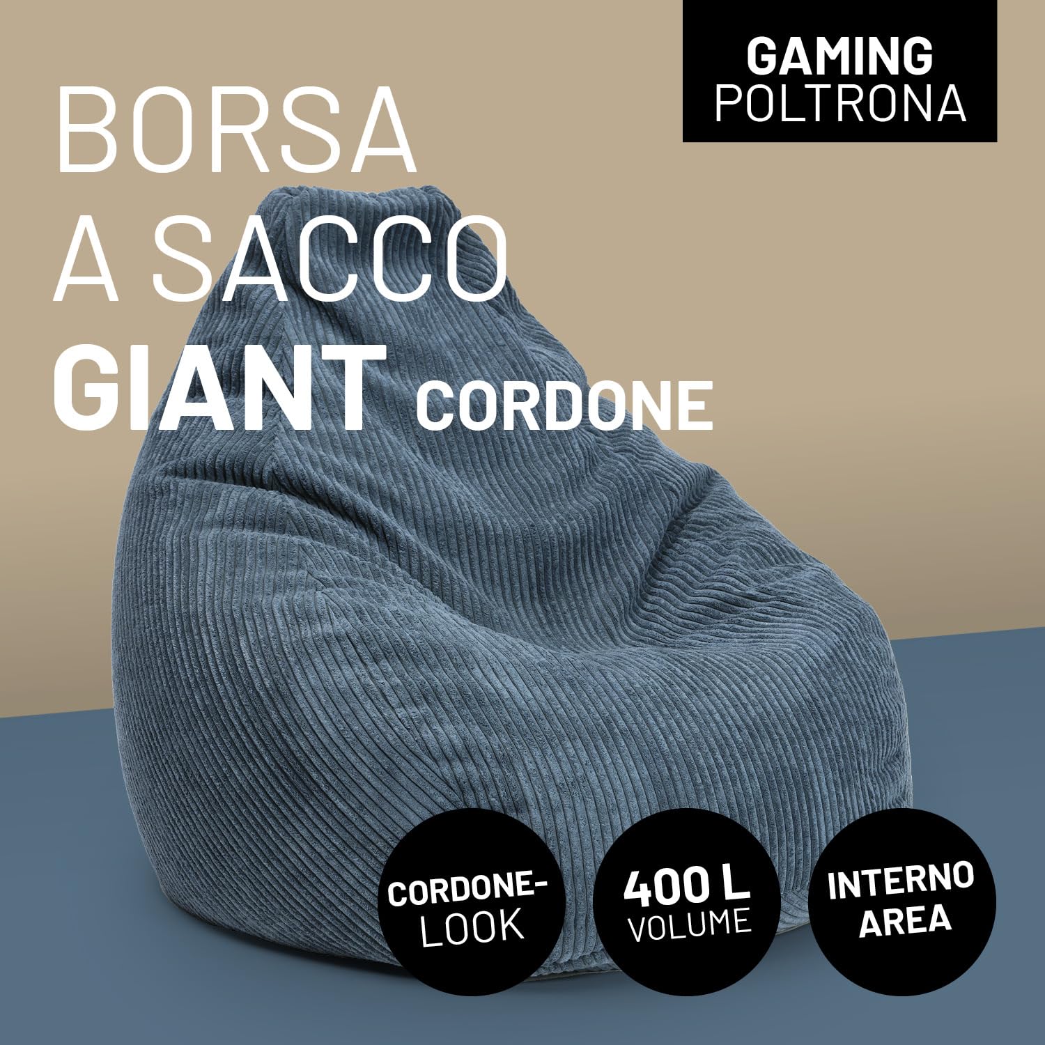 Lumaland Poltrona da gioco XXL in velluto a coste | Poltrona da gioco per adulti e adolescenti | Confortevole Bean Bag 135 x 100 cm [blu scuro]