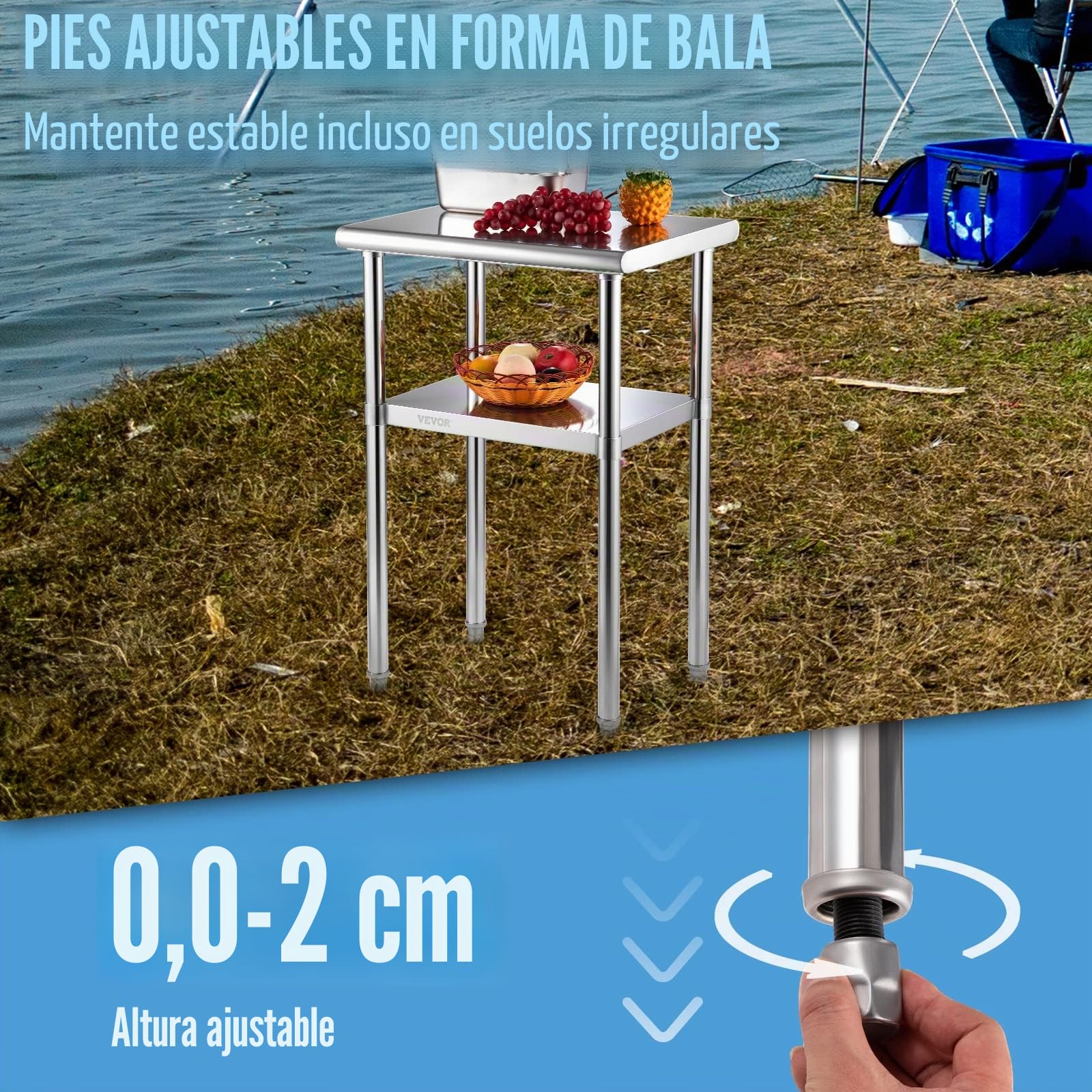 VEVOR Mesa de Trabajo de Acero Inoxidable 61 x 46 x 91 cm Mesa de Preparación de 2 Niveles Carga de 272,4 kg Mesa de Cocina Estante Ajustable en Altura para Cocina Restaurante Bar Garaje al Aire Libre