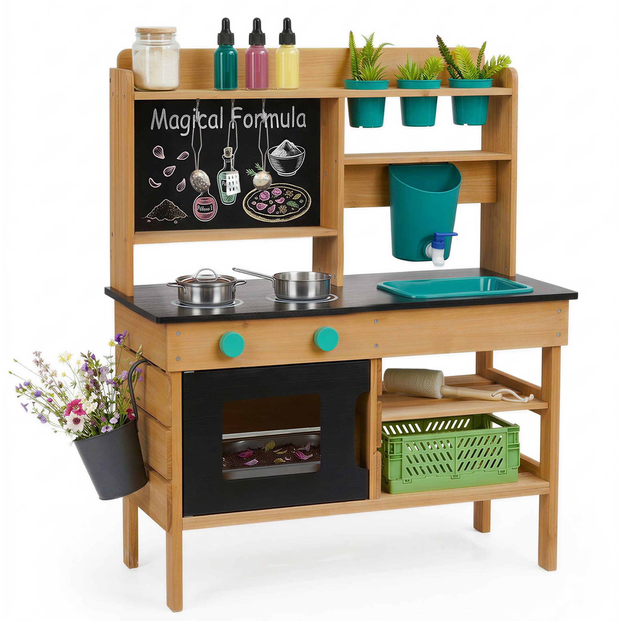 Matschküche Kinder Outdoor, Holz Spielküche mit Wasserhahn Wasserfunktion | Kinderküche für Kinder Zubehör, Spüle, Herd, Waschbecken Kinder, Mud Kitchen Gartenspielzeug für Jungen Mädchen ab 3 Jahren