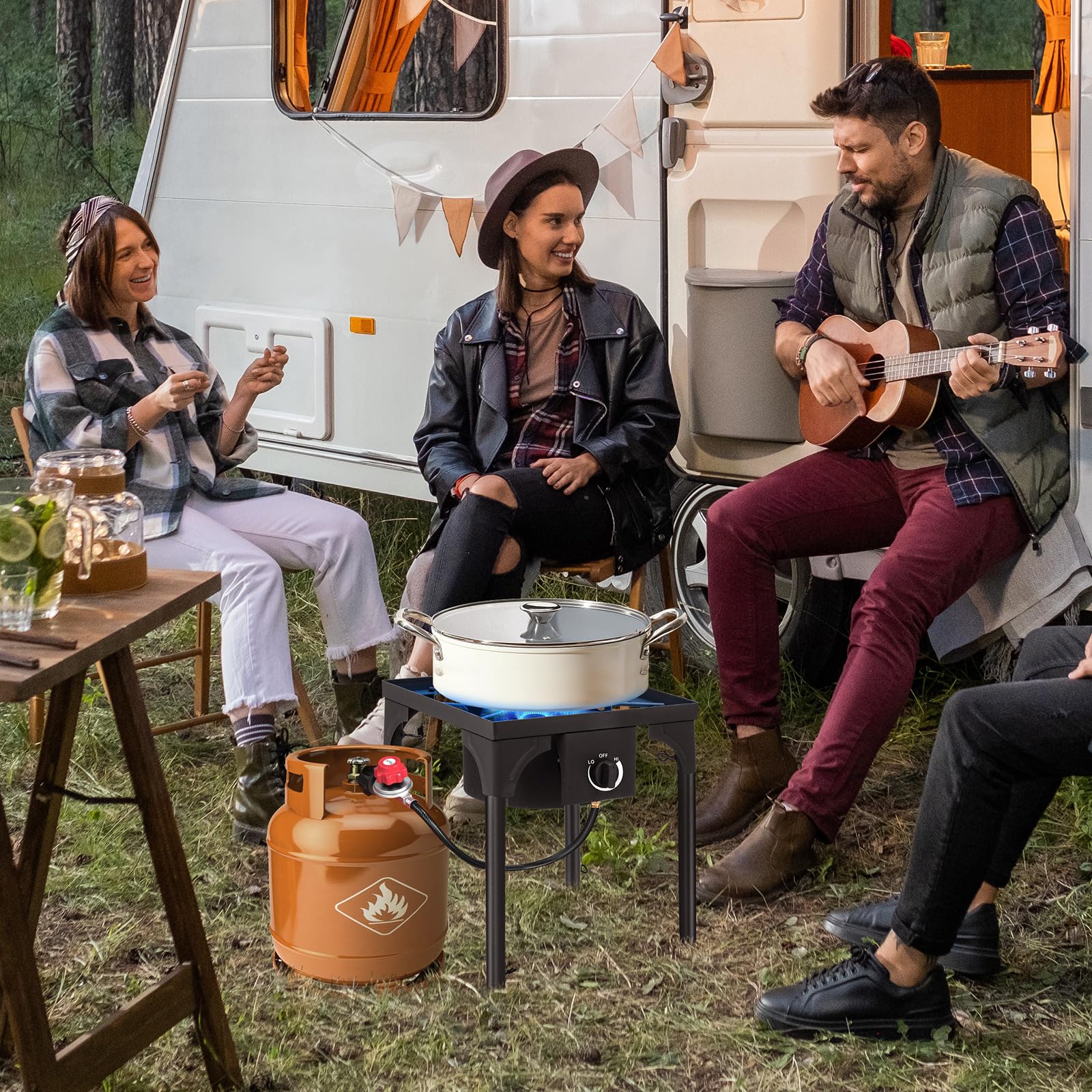Karl home Estufa de gas propano de 1 quemador para cocinar al aire libre, cocina de camping de 75,000 BTU con patas extraíbles y regulador PSI ajustable para cocinar en el patio trasero, barbacoa,