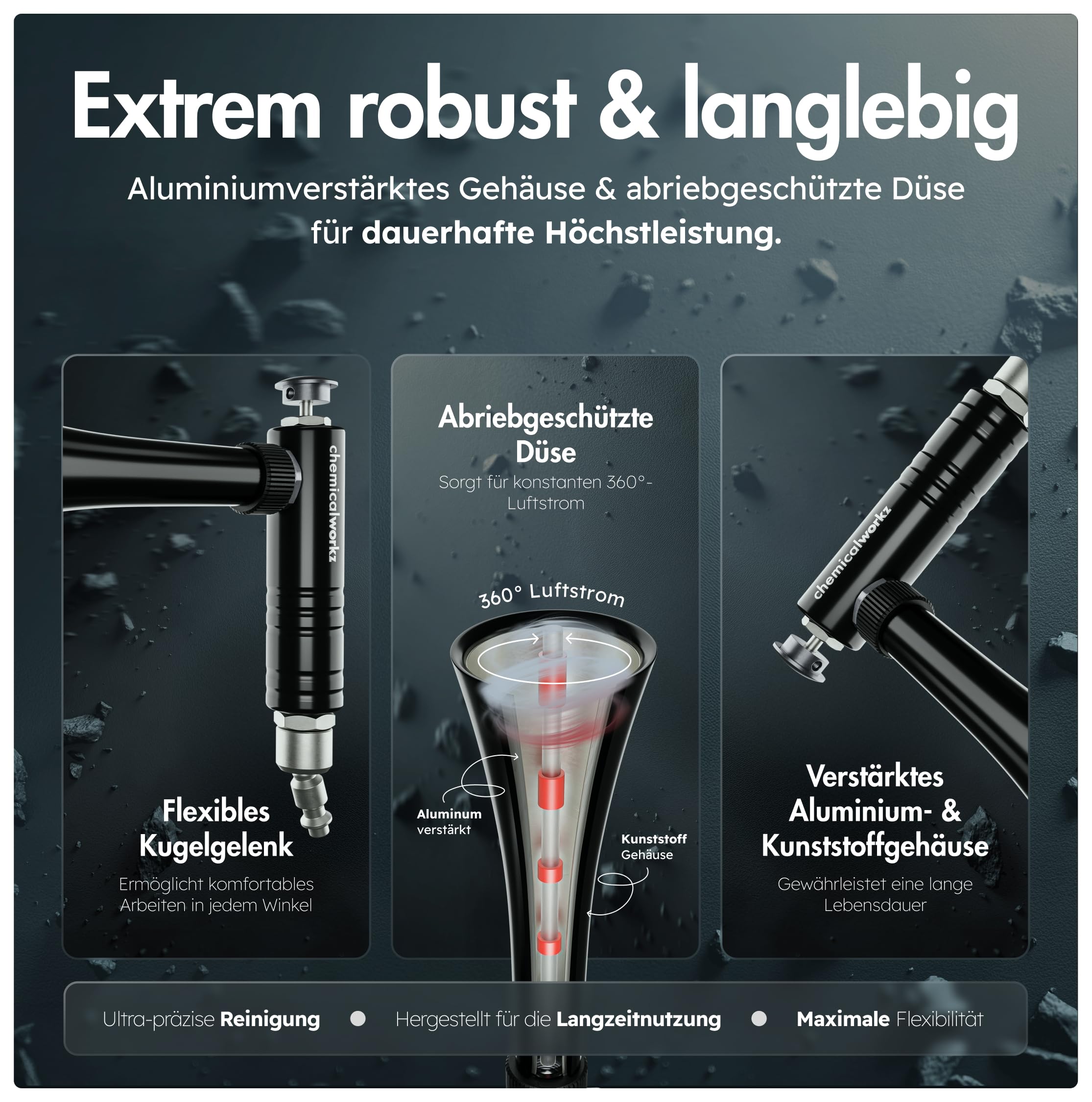 chemicalworkz Mini Air Gun – Kompakte Druckluft-Ausblaspistole für schwer erreichbare Stellen – Präzises Ausblasen von Schmutz & Wasser – Profi-Qualität – 1/4 Zoll Anschluss – Schwarz