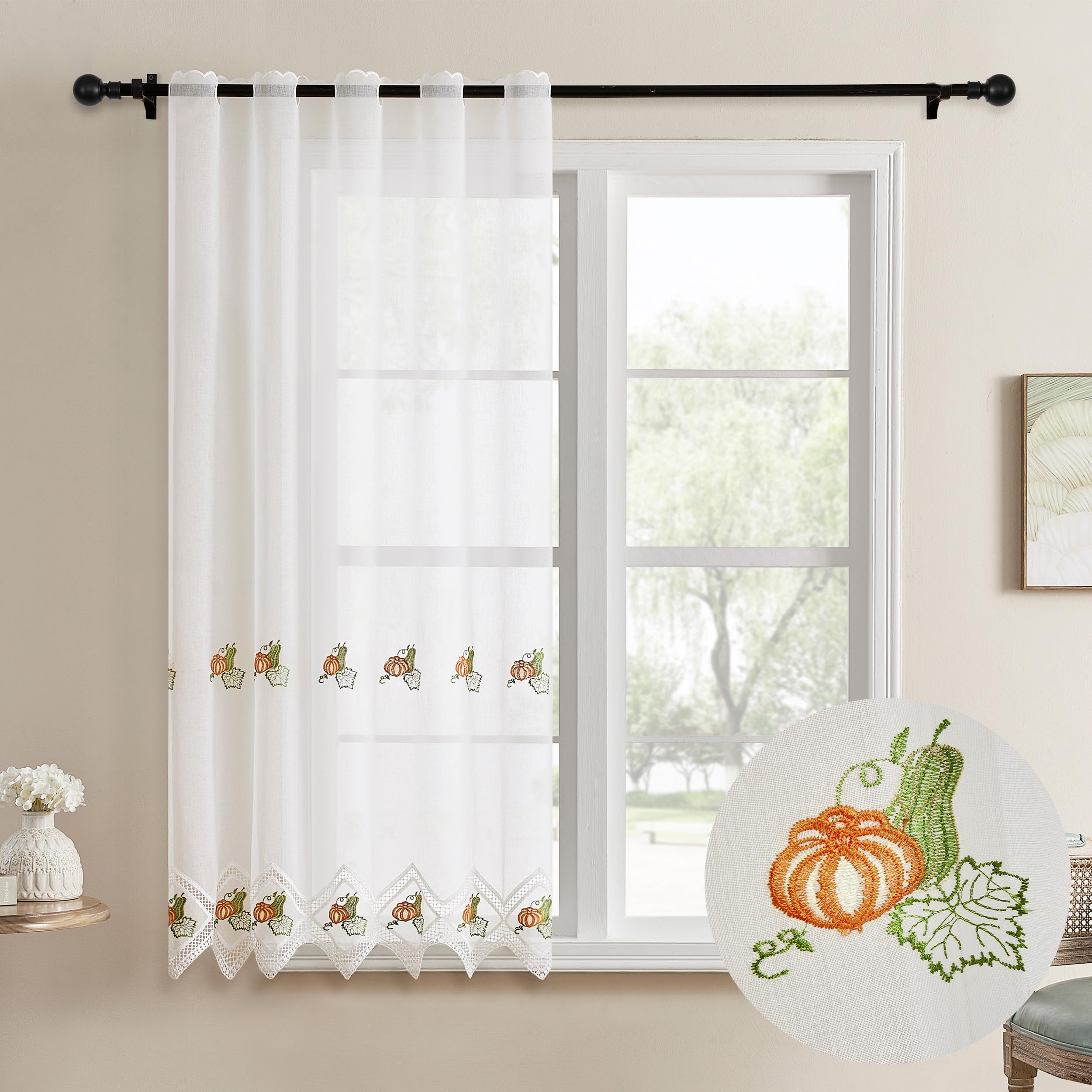 DALINA Textil - Cortina Cocina 150 x 140 cm, Visillo Cocina con Bordados Transparente un Panel 150 x 140 cm (Ancho por Largo) Cucurbita