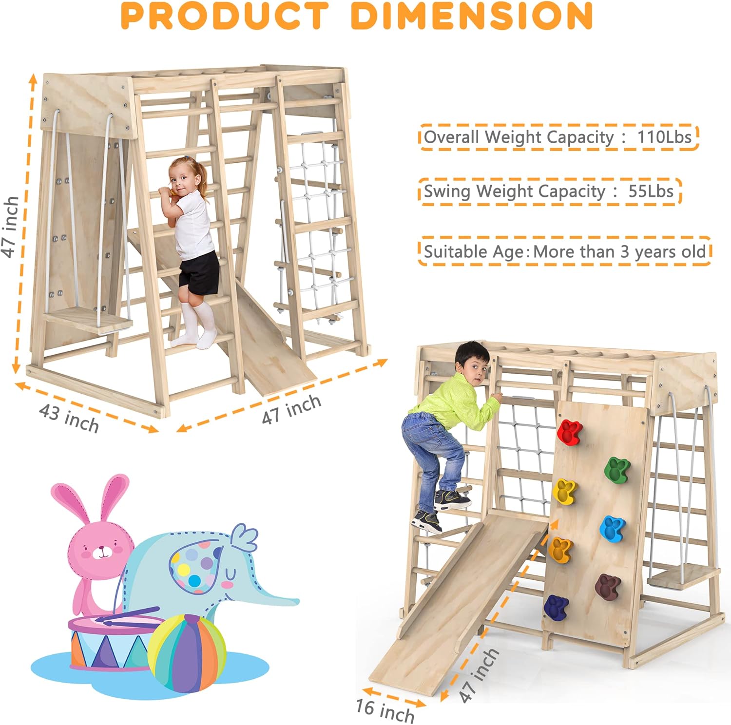 Indoor Jungle Gym, Toddler Climbing Toys Indoor, Indoor Playground Climbing Toys for Toddlers, Climber Playset with Slide, Climbing Rock/Net, Monkey Bars, Drawing Board, Abacus Game and Swing