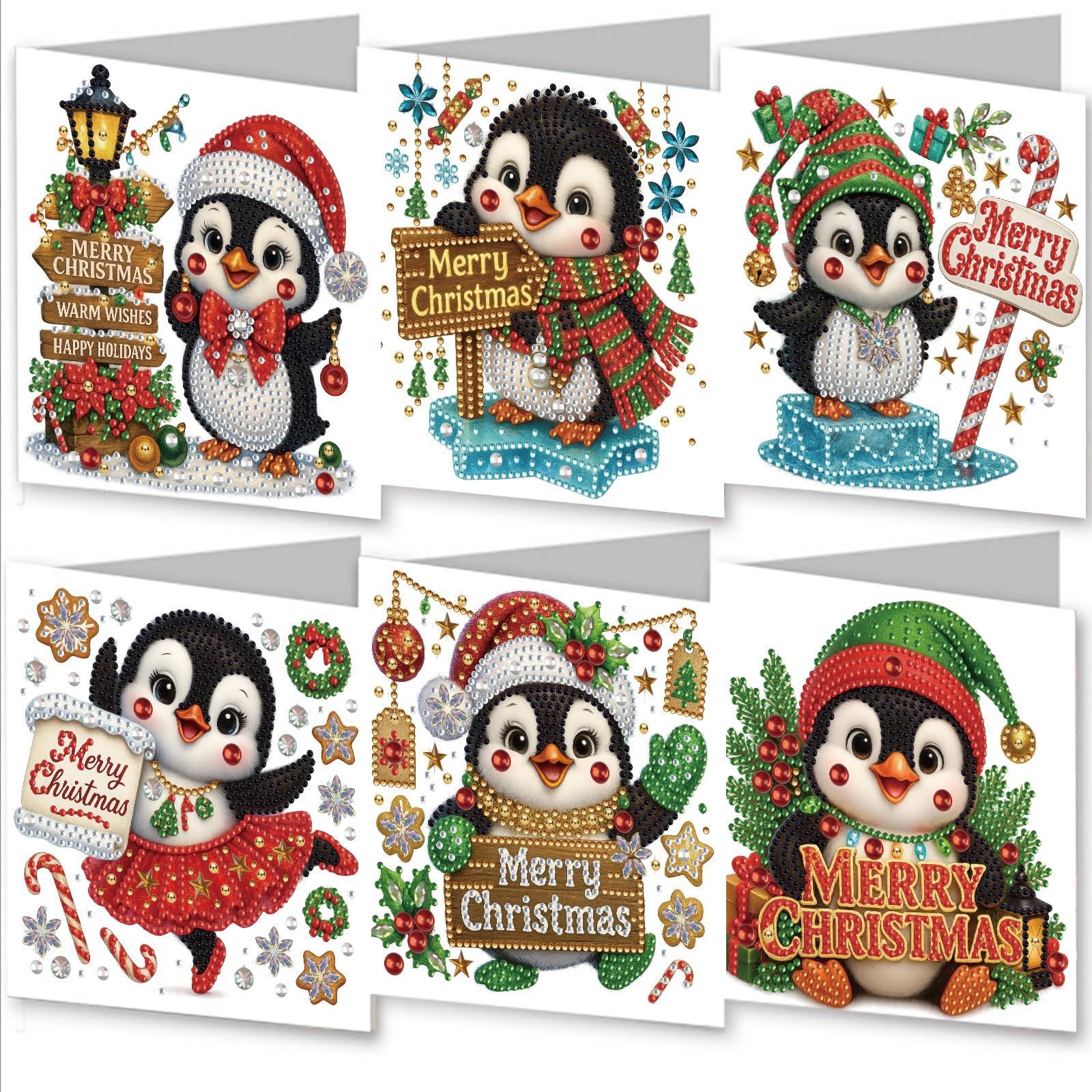 Awesocrafts Merry Christmas 6Pcs Diamond Art Christmas Cards Kits Christmas Penguin Candy, Diy Diamond Painting Cards Sets, 5D Crystal Art Card With Envelopes, Postcards For Handmade, Xmas 30*15Cm (Merry Christmas)