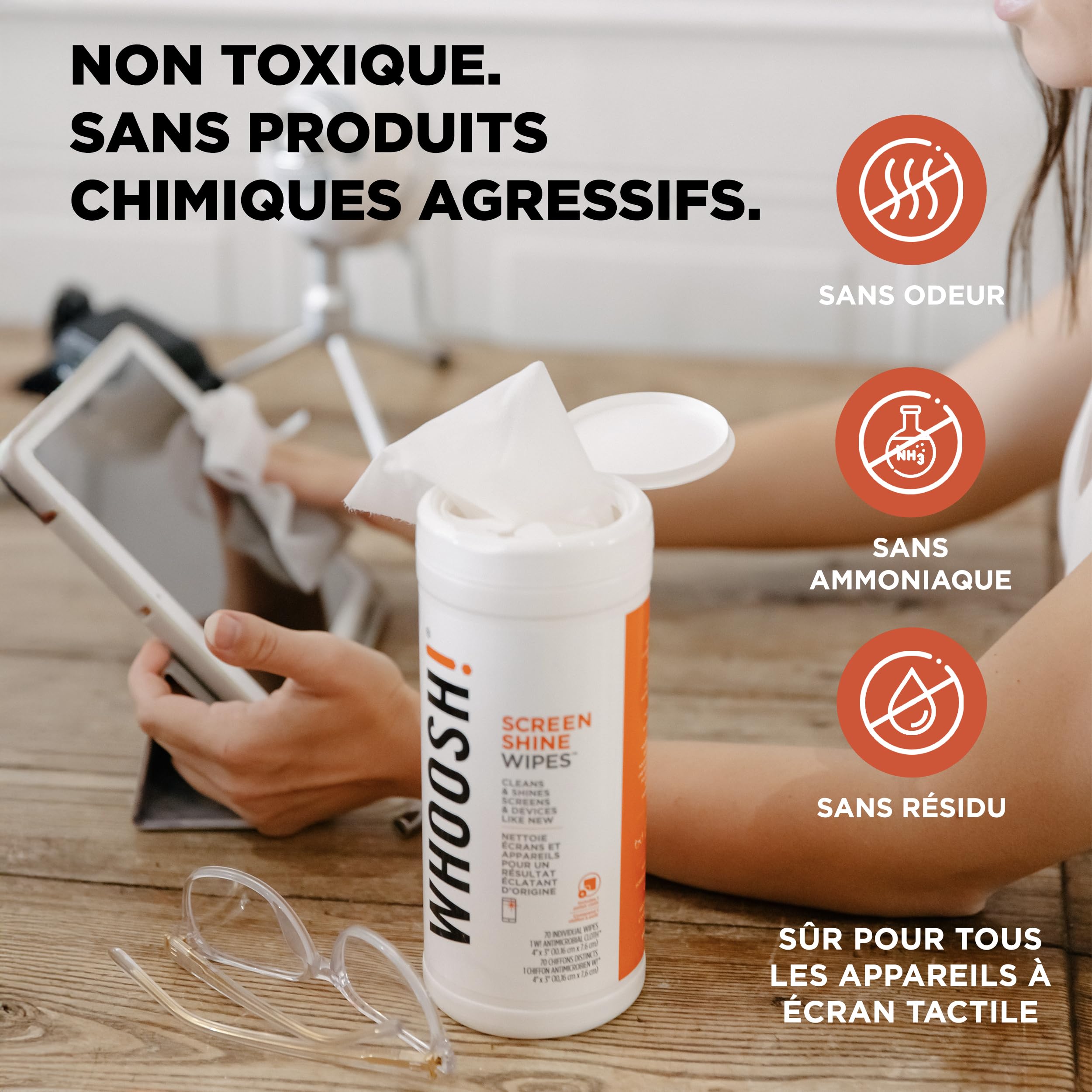 WHOOSH! Lingettes Nettoyantes Écran 70 Unités Pour Nettoyage Écran TV Lunettes Voiture Ordinateur Portable Avec Chiffon Microsuede Sans Peluches Non Abrasif Finition Sans Traces Nettoyant Écran