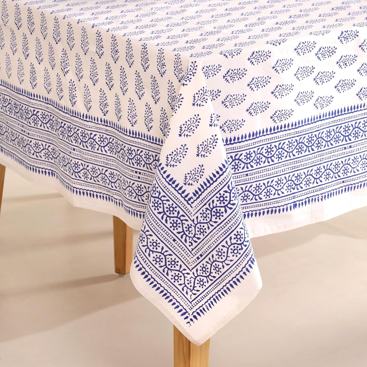 UrbanWeavers Hand Block Printed Tablecloth, Colorful Floral Print, Indian Artisan Handmade Art, Dining Room, Kitchen, Outdoor Décor, (Blue Buti, 12 Seater 72 x 135 Inches Rectangle) — image 1