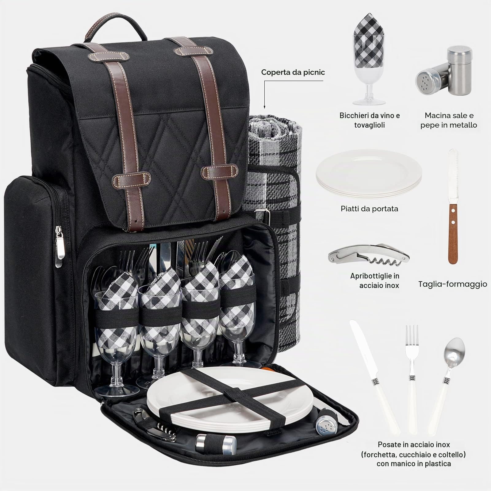 Zaino da picnic per 4 persone con grande borsa termica isolata, cestino da picnic con sacchetto di vino, coperta da picnic impermeabile e set di posate. Perfetto per spiaggia, festa, regalo di nozze
