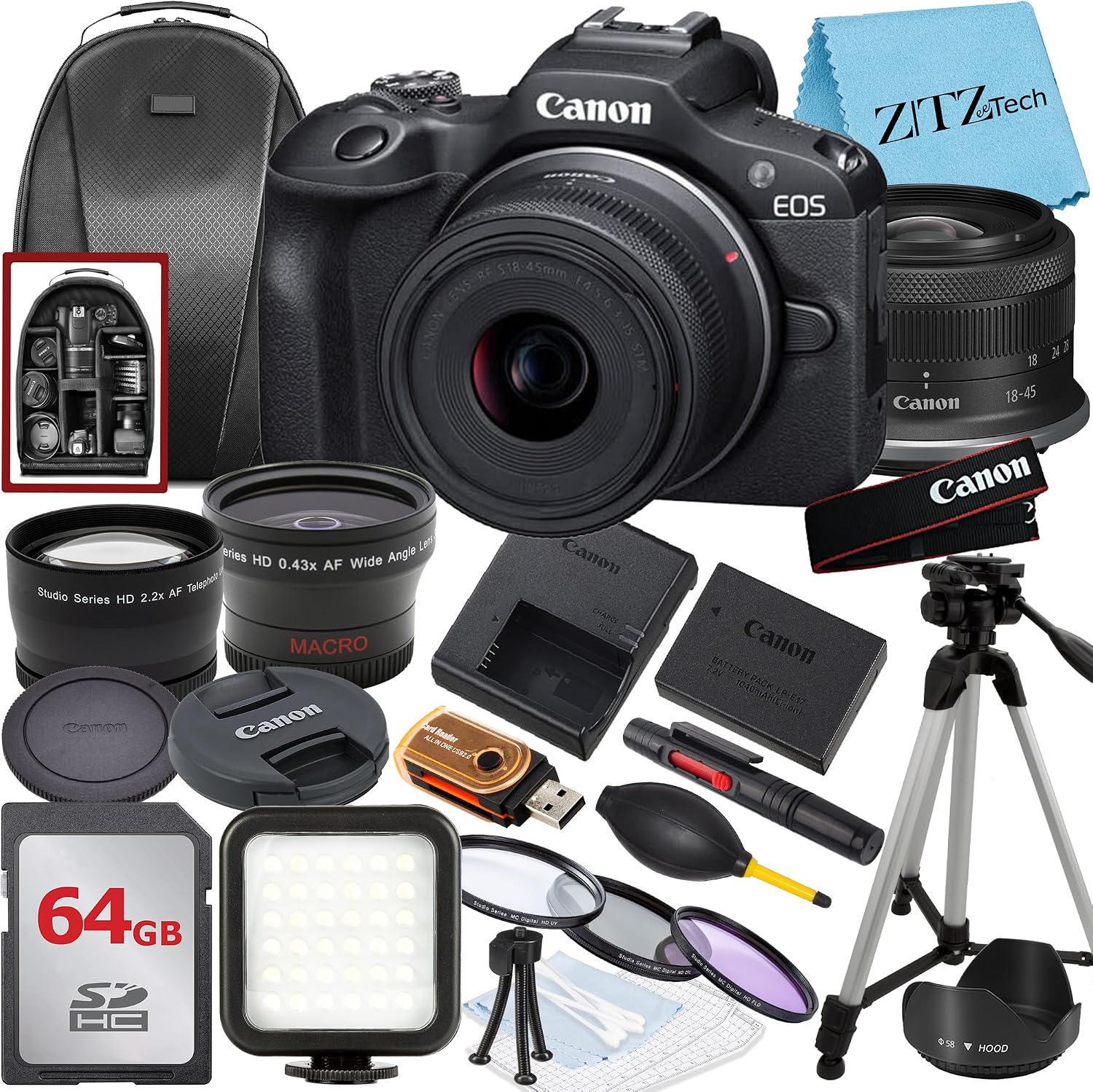 Canon EOS R100 Mirrorless Camera with RF-S 18-45mm Lens + 64GB Memory Card + Backpack + Widgeangle + ZeeTech Accessory Bundle (Renewed)