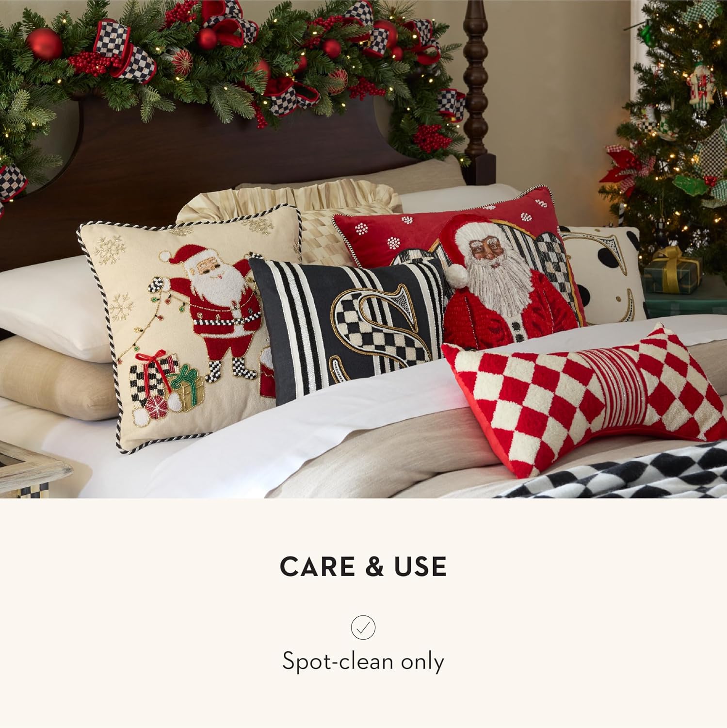 MACKENZIE-CHILDS Throw Pillow, Decorative Cotton Pillow for Christmas Decor, 18x18, Santa with Tree Lights