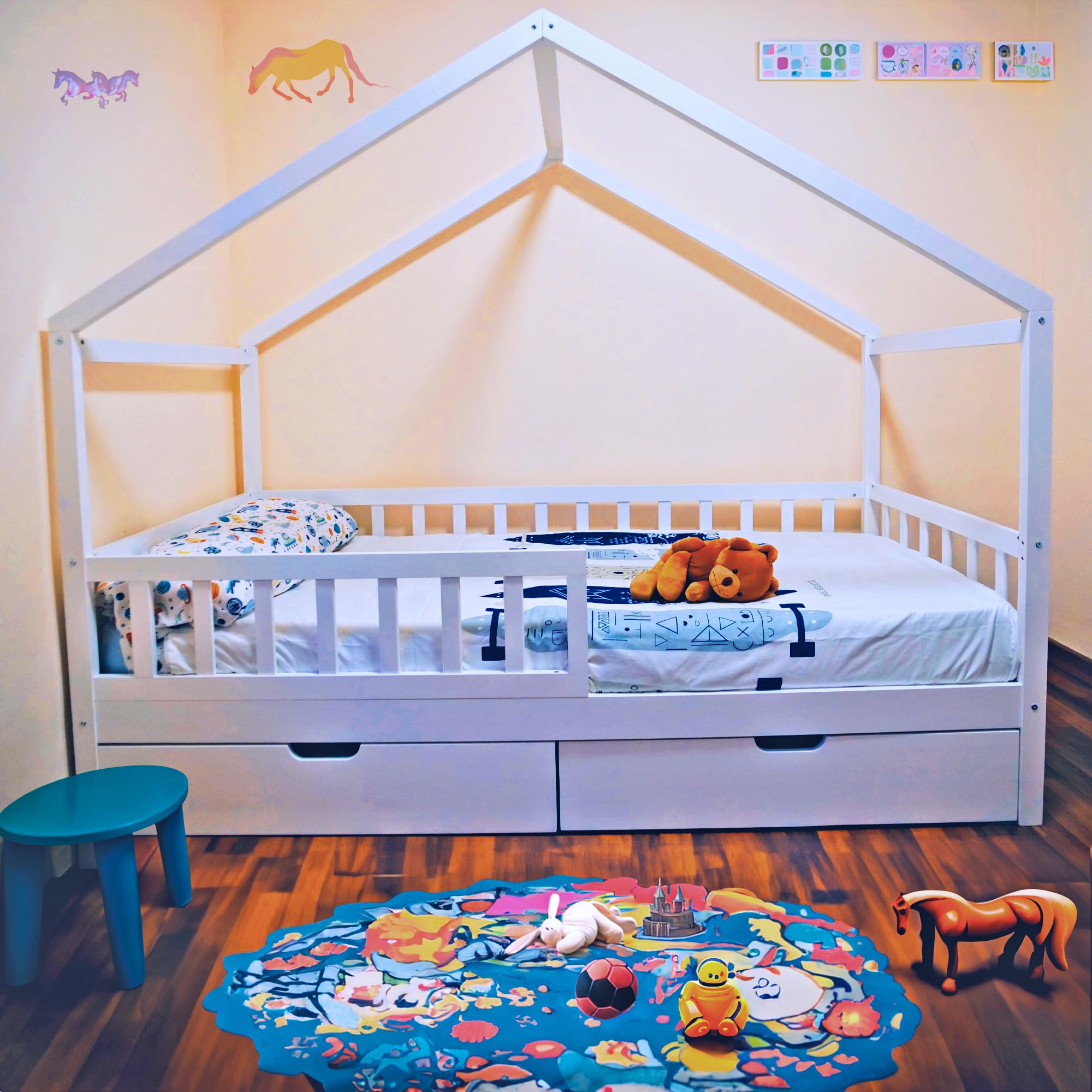 Unicview Cama Infantil Estilo cabaña de Madera Maciza con 2 cajones, Valla y somier, 90 x 200 cm, Color Blanco (sin colchón)