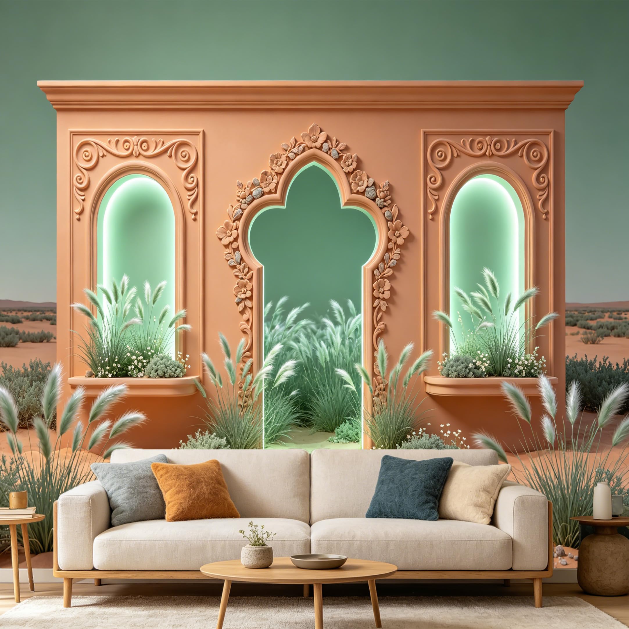 Custom Size Wall Mural 3D Archway Moroccan Landscape Desert Oasis Plants， SelfAdhesive Art Prints wall Fabric Removable Large Wallpaper Home Living Room Decor