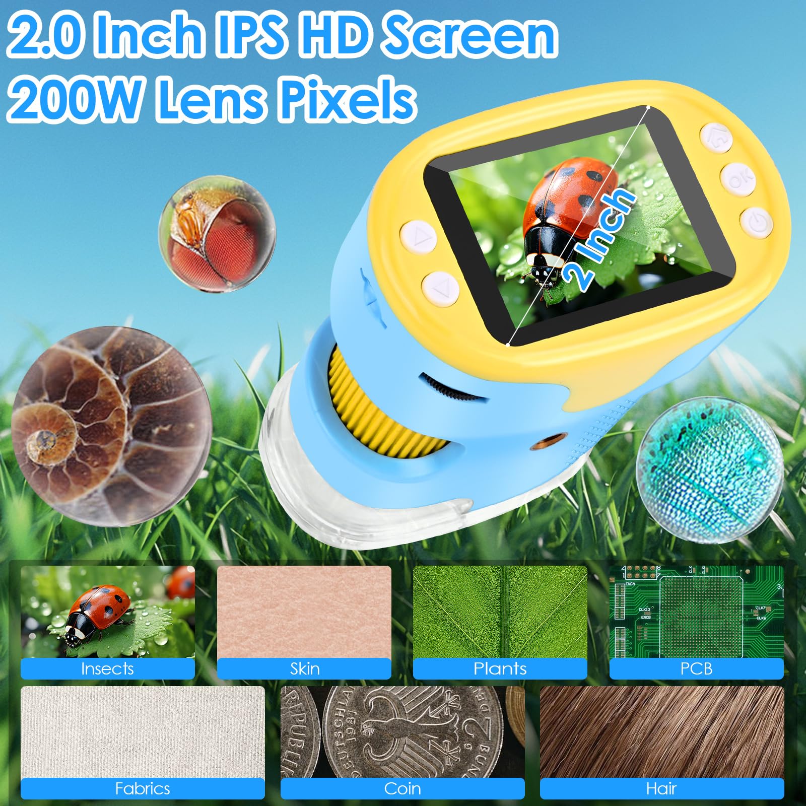 Mikroskop für Kinder, Vankarr 1000X Digitale Taschenmikroskop Tragbares Mini Handy Mikroskope mit 32GB SD-Karte, 2-Zoll-IPS-Bildschirm, Objektträgerproben, Geschenk für Kinder Studenten, Blau