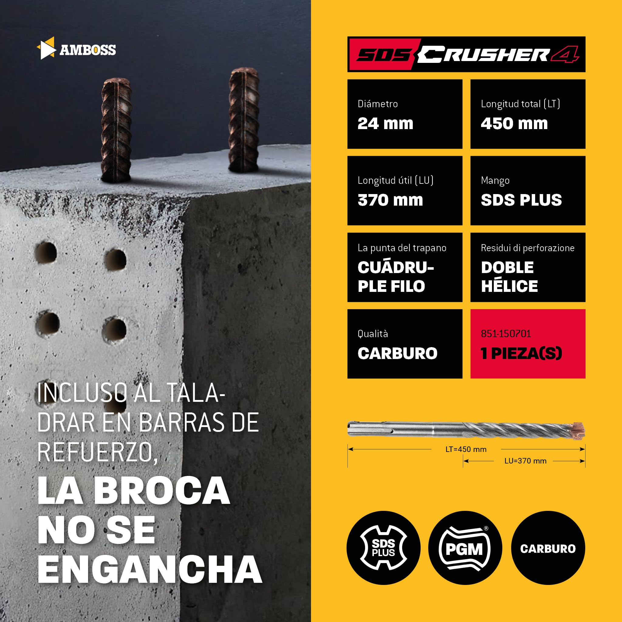 SDS Plus - Broca para martillo perforador, 4 unidades, PGM, diámetro 24,0 mm x 370 mm, herramientas AMBOSS SDS Crusher 4 - Broca HM para hormigón, carburo duro, broca profesional, 24,0 mm x 370 mm,