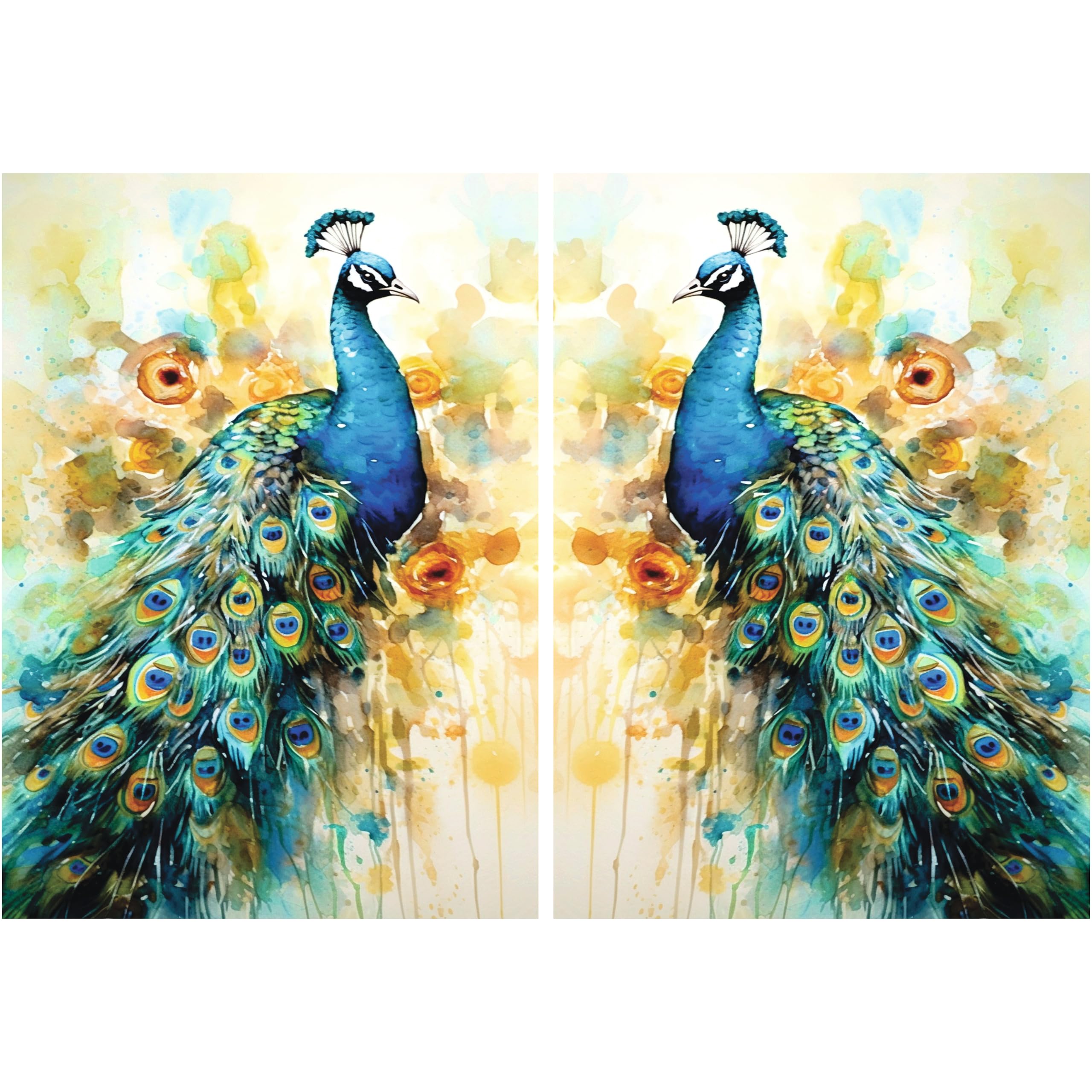 Colourful Peacock Rice Paper, A3+ 29 x 40.5cm (2 pc) - Left & Right Pair for Decoupage, Posters, Furniture, and Craft Projects by CRAFT KREATIVELY