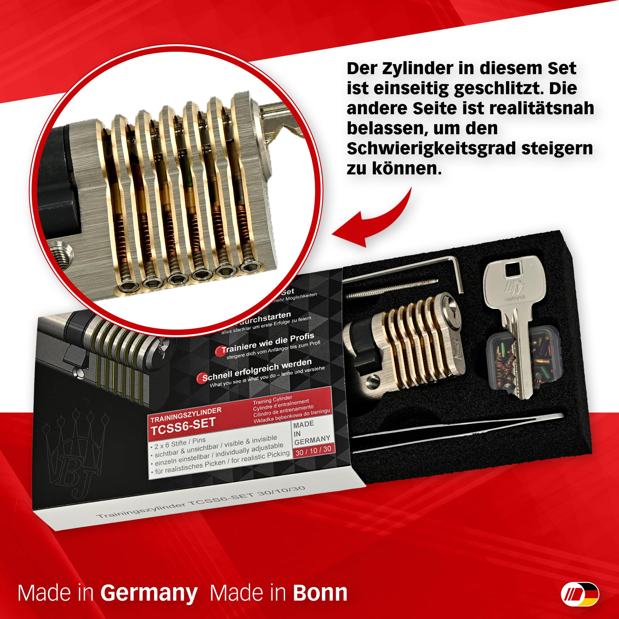 MULTIPICK Trainingszylinder Lockpicking Set - [inkl. 50-tlg. Pinning-Kit] Lock Picking Tool - variables 6-Stift EU Übungsschloss - Schloss knacken - Trainingsschloss für Anfänger und Profis
