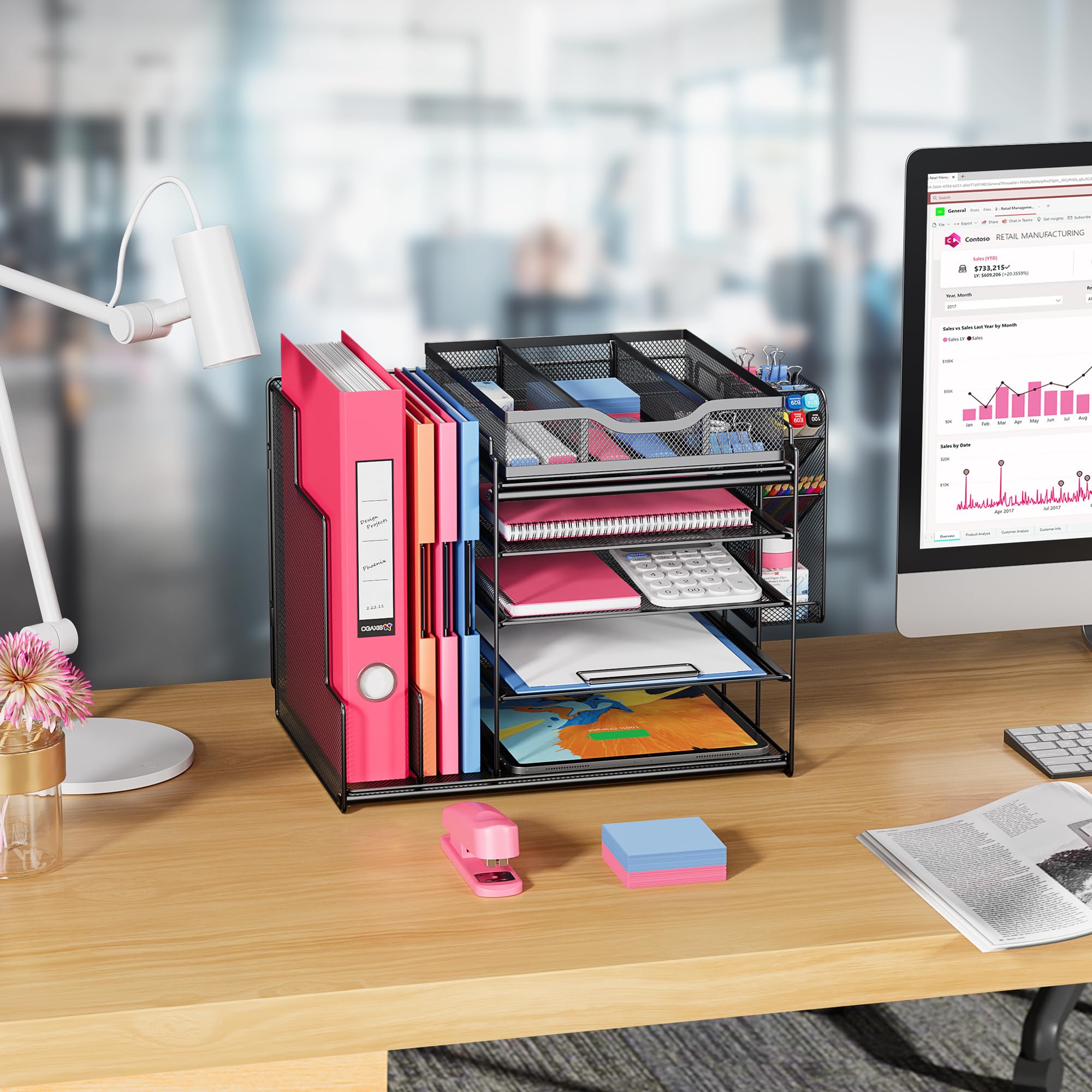 VIVSOL Desk Organizers and Accessories Storage with Large Vertical File Holder, Desk Organizers with Sliding drawers and Movable Pen Holder, Desk Organizer Shelf for Office Supplies (Style A)