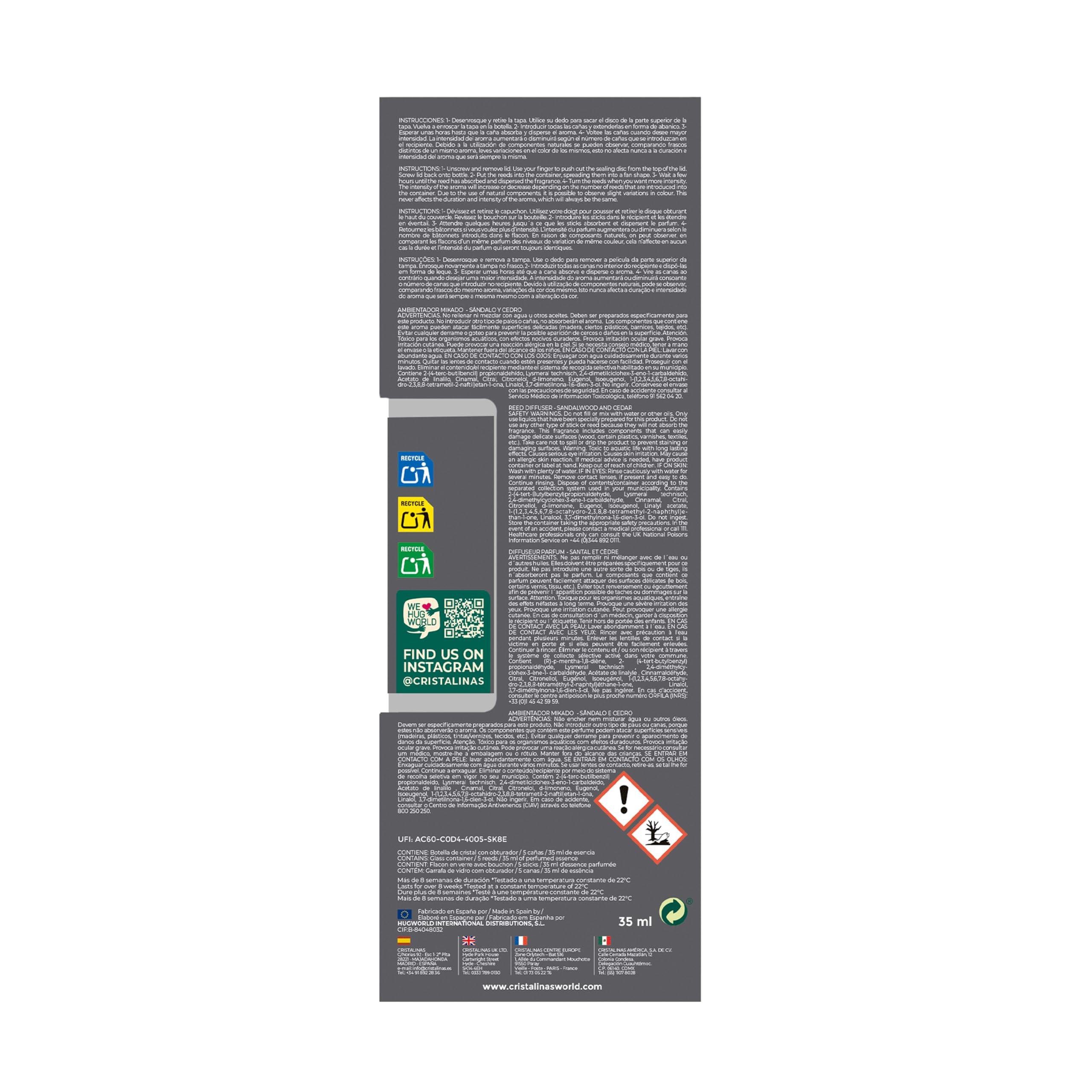CRISTALINAS | Pack 2 Ambientador Mikado para Hogar | Fragancia Larga Duración 8 Semanas | 2x35ml | 0% Alcohol (Paquete de 2, Sándalo y cedro)