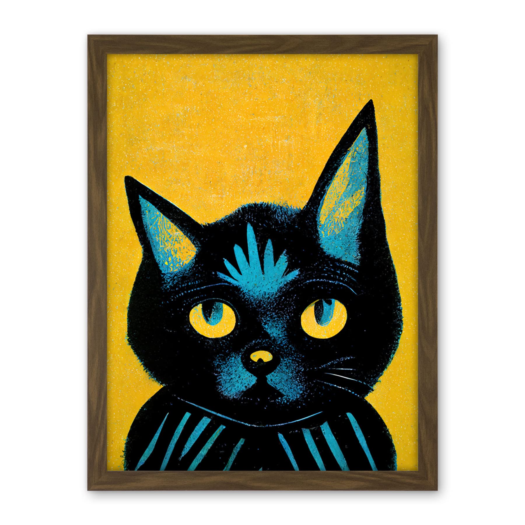Wee Blue Coo Quirky Bold Black Cat Yellow Blue Artwork Framed Wall Art Print 18X24 Inch